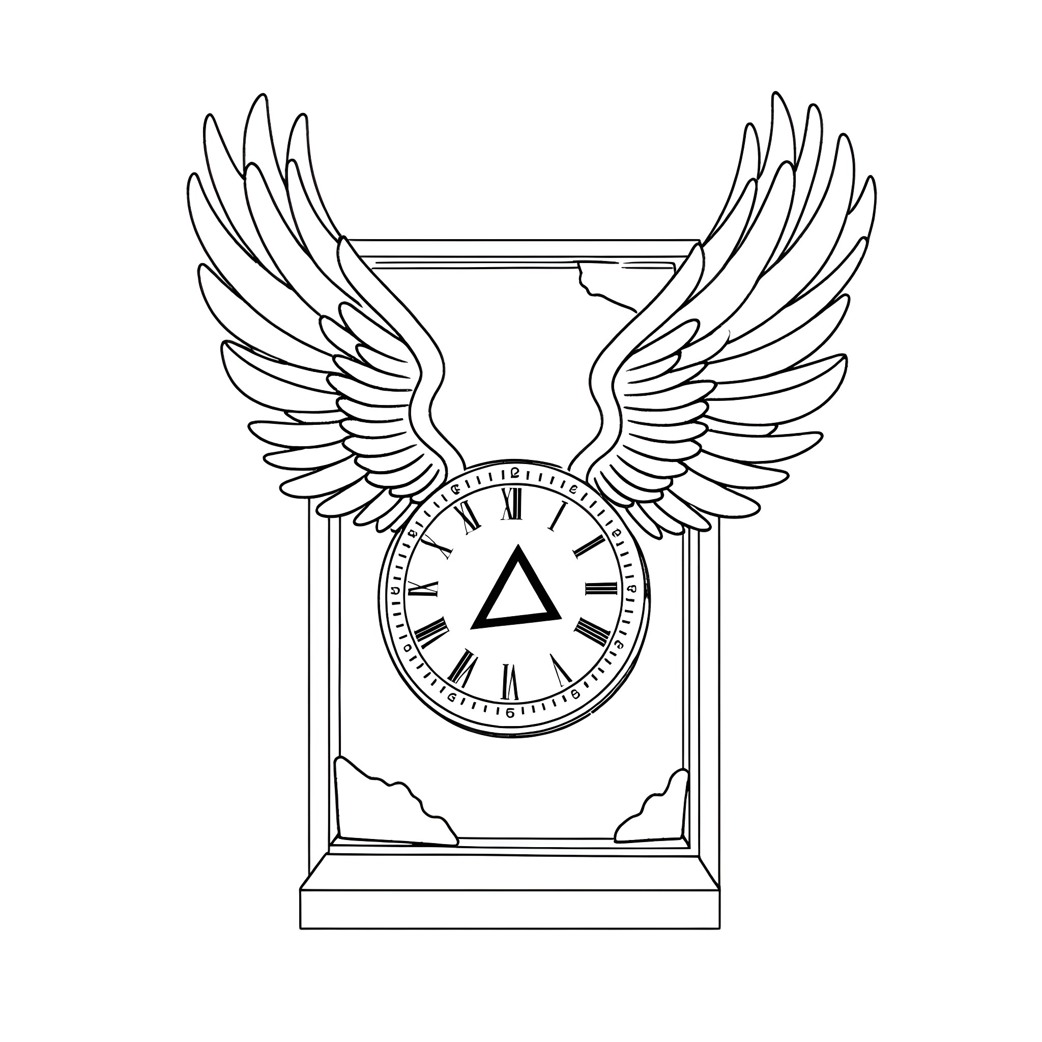 Clock with winged frame and triangle symbol Coloring Page (free black-and-white line drawing printable PDF for all, from beginners to advanced learners, including children, teens, adults, and seniors)