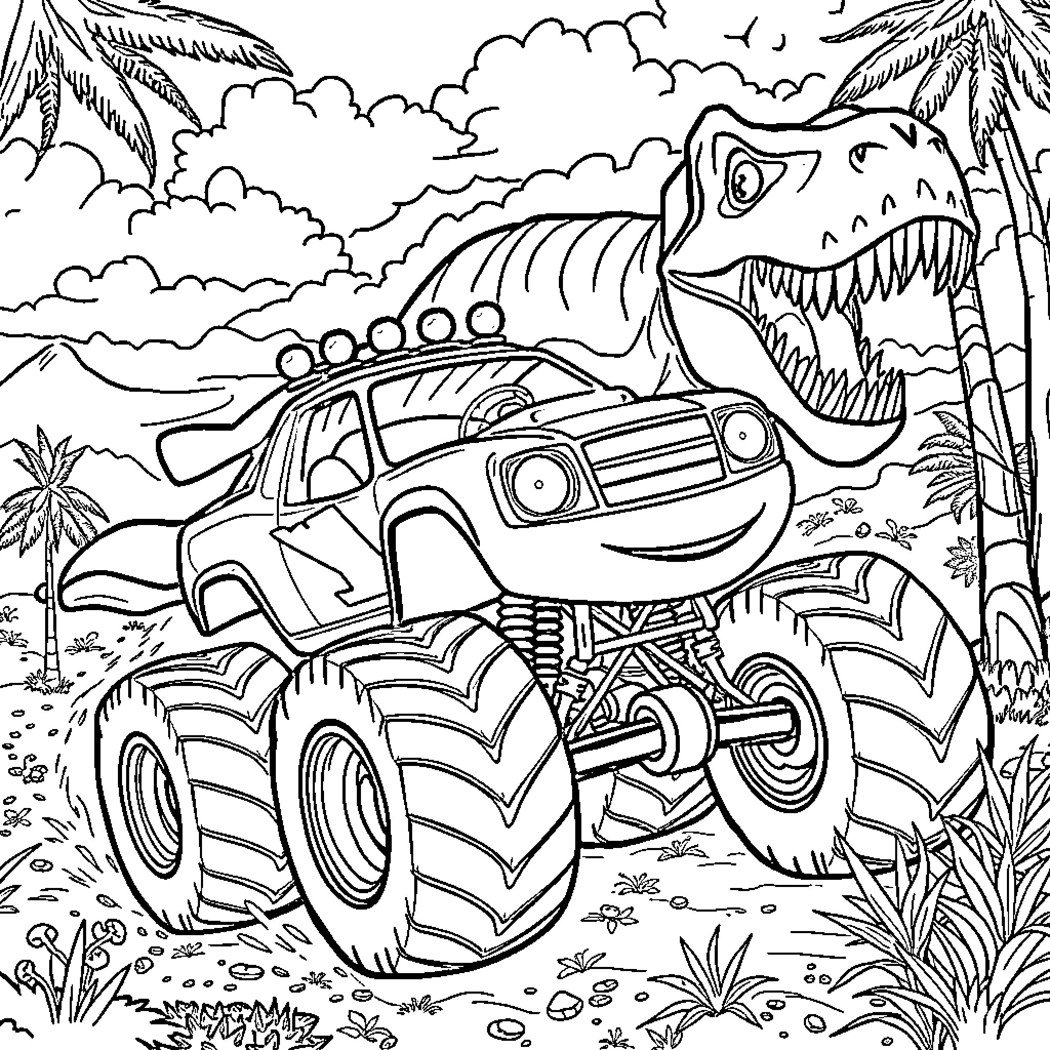 Blaze's Jurassic Adventure in the Jungle Coloring Page (free black-and-white line drawing printable PDF for all, from beginners to advanced learners, including children, teens, adults, and seniors)