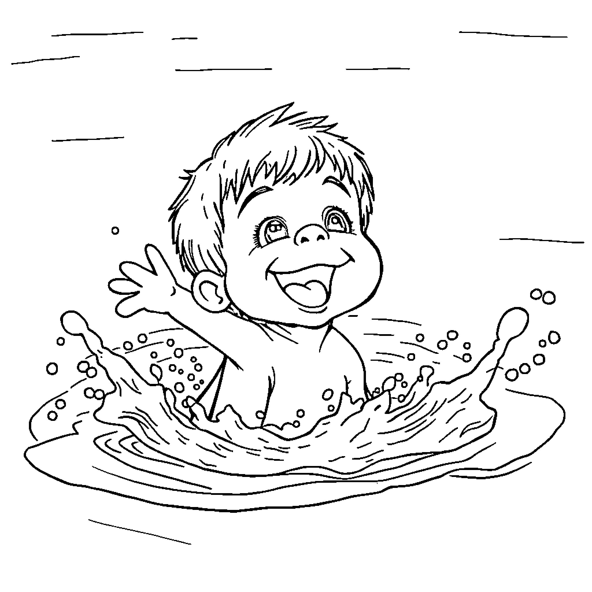 Luca playing happily in the water Coloring Page (free black-and-white line drawing printable PDF for all, from beginners to advanced learners, including children, teens, adults, and seniors)