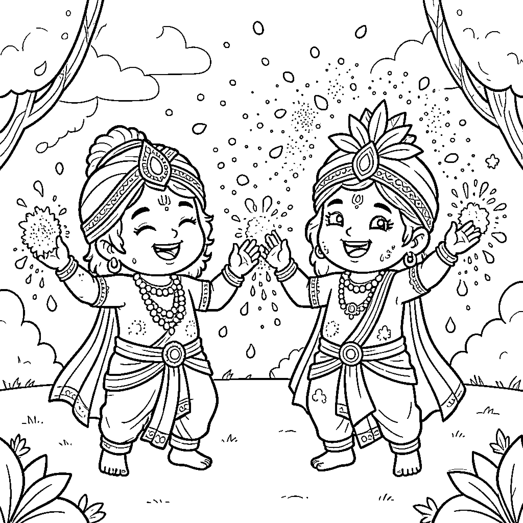Prahlad and Balaram playing joyfully in the garden Coloring Page (free black-and-white line drawing printable PDF for all, from beginners to advanced learners, including children, teens, adults, and seniors)