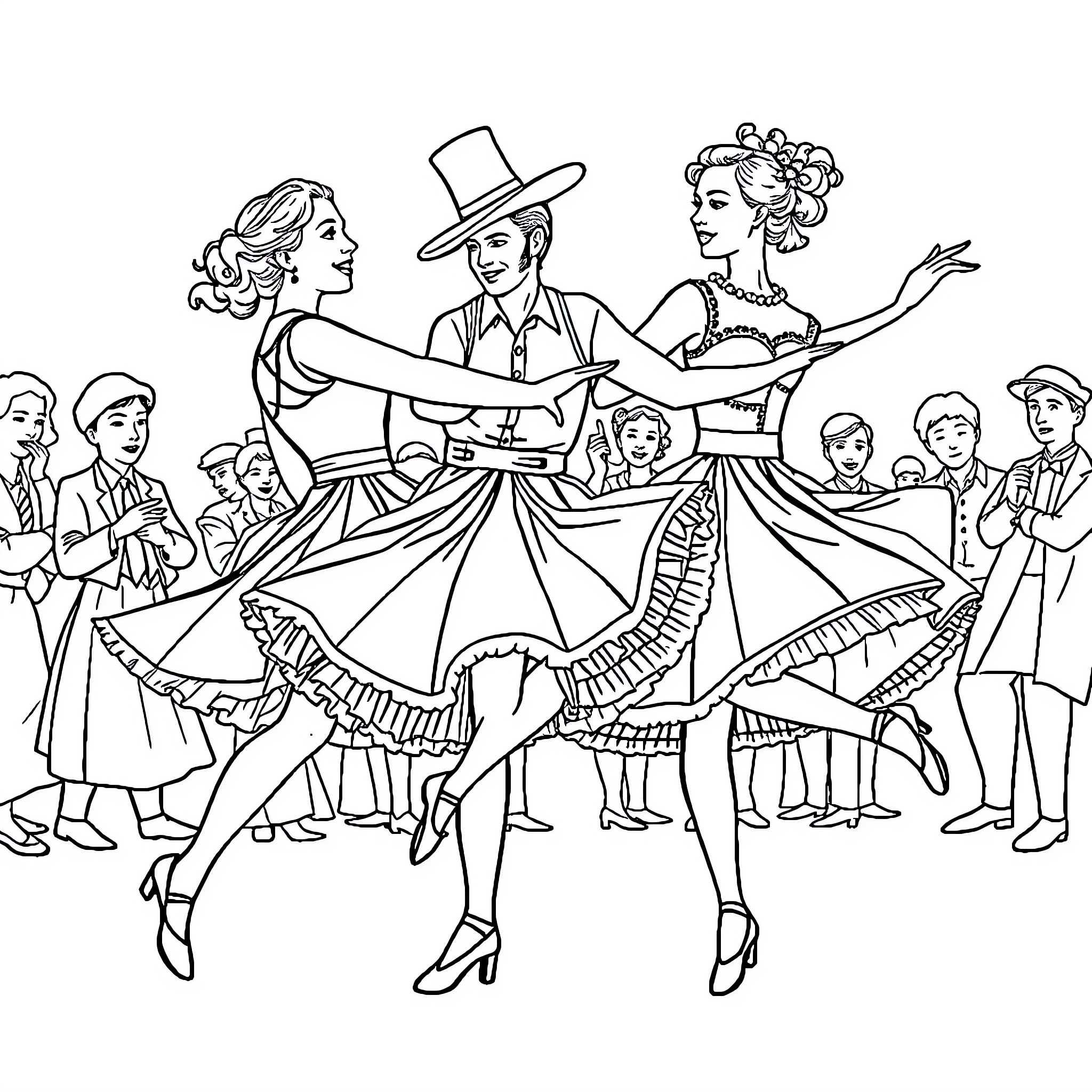 French CanCan dancers performing lively dance on stage Coloring Page (free black-and-white line drawing printable PDF for all, from beginners to advanced learners, including children, teens, adults, and seniors)