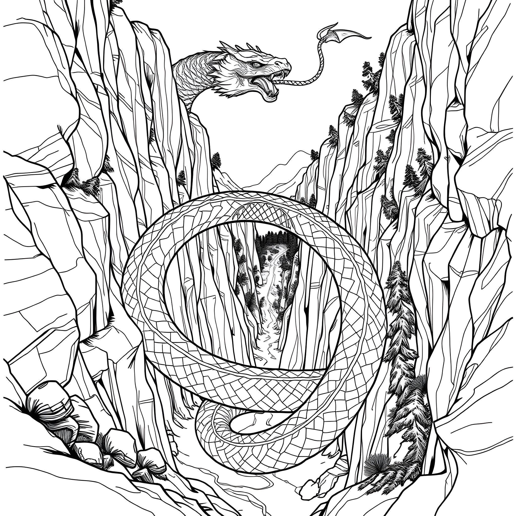 Uktena guarding the ancient serpent's lair Coloring Page (free black-and-white line drawing printable PDF for all, from beginners to advanced learners, including children, teens, adults, and seniors)