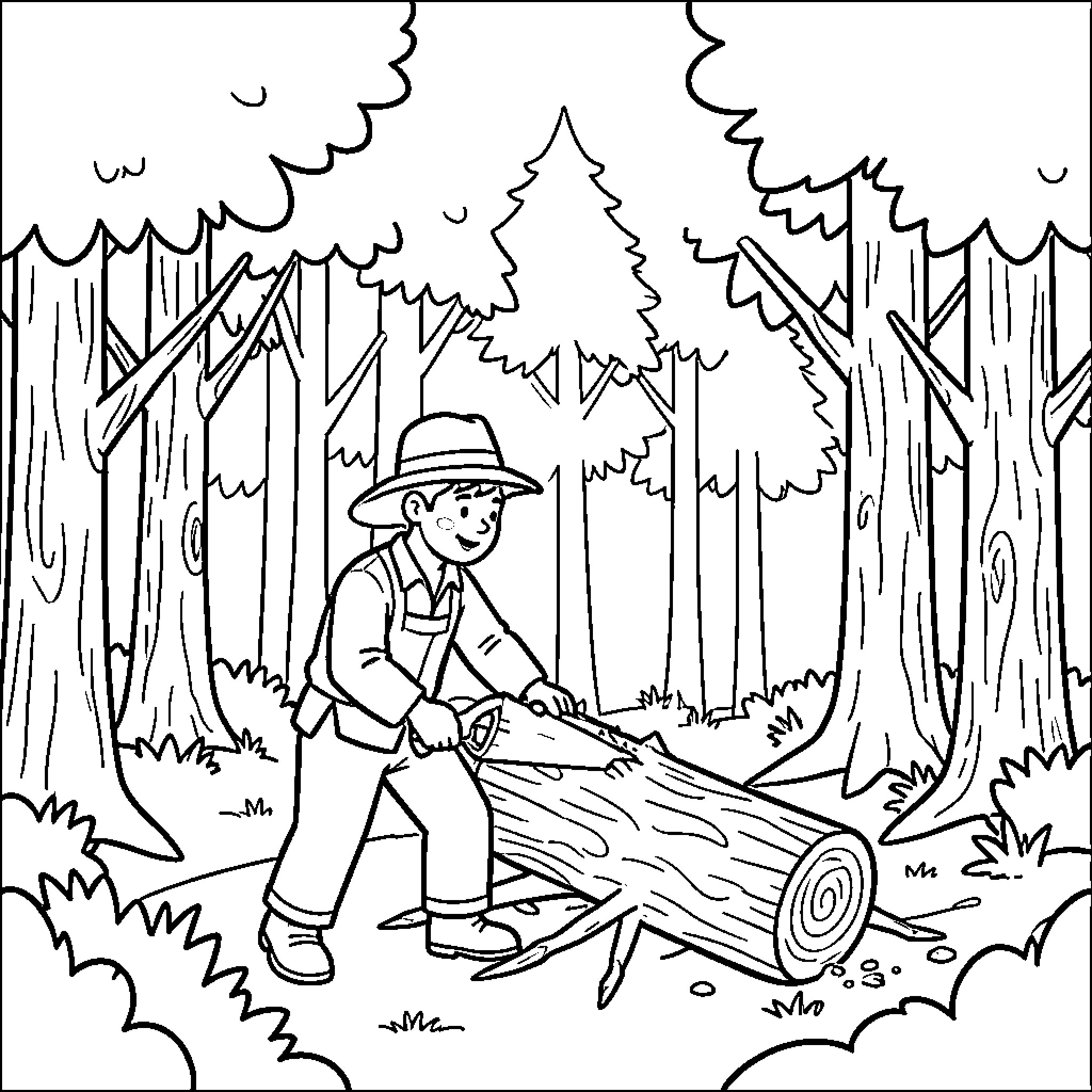 Woodcutter sawing a large log in the forest Coloring Page (free black-and-white line drawing printable PDF for all, from beginners to advanced learners, including children, teens, adults, and seniors)