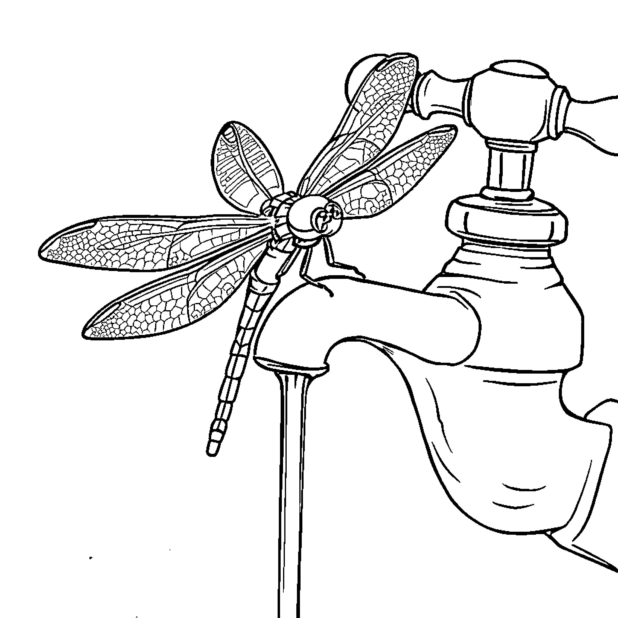 Dragonfly resting on water faucet Coloring Page (free black-and-white line drawing printable PDF for all, from beginners to advanced learners, including children, teens, adults, and seniors)