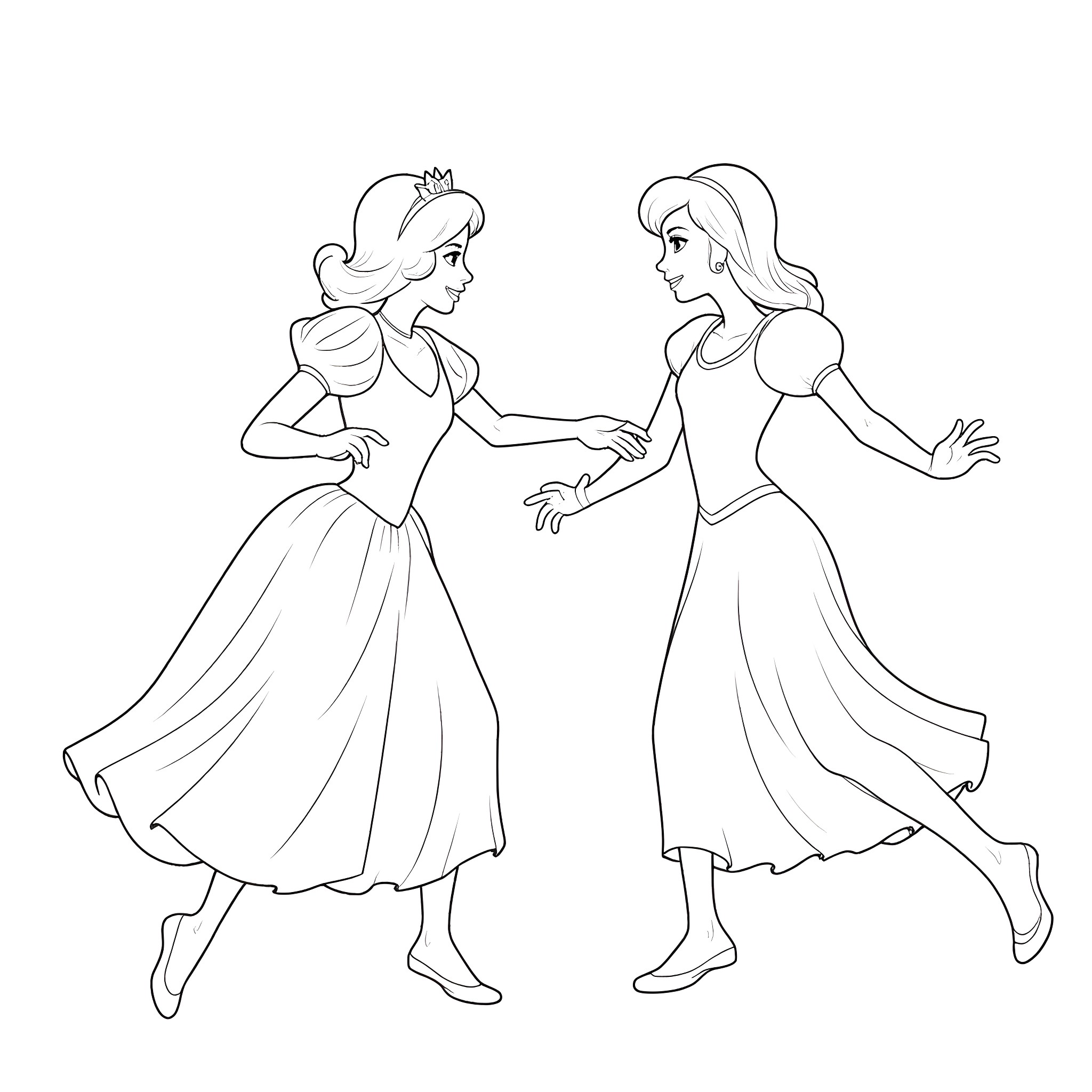 Snow White and Aurora dance joyfully Coloring Page (free black-and-white line drawing printable PDF for all, from beginners to advanced learners, including children, teens, adults, and seniors)