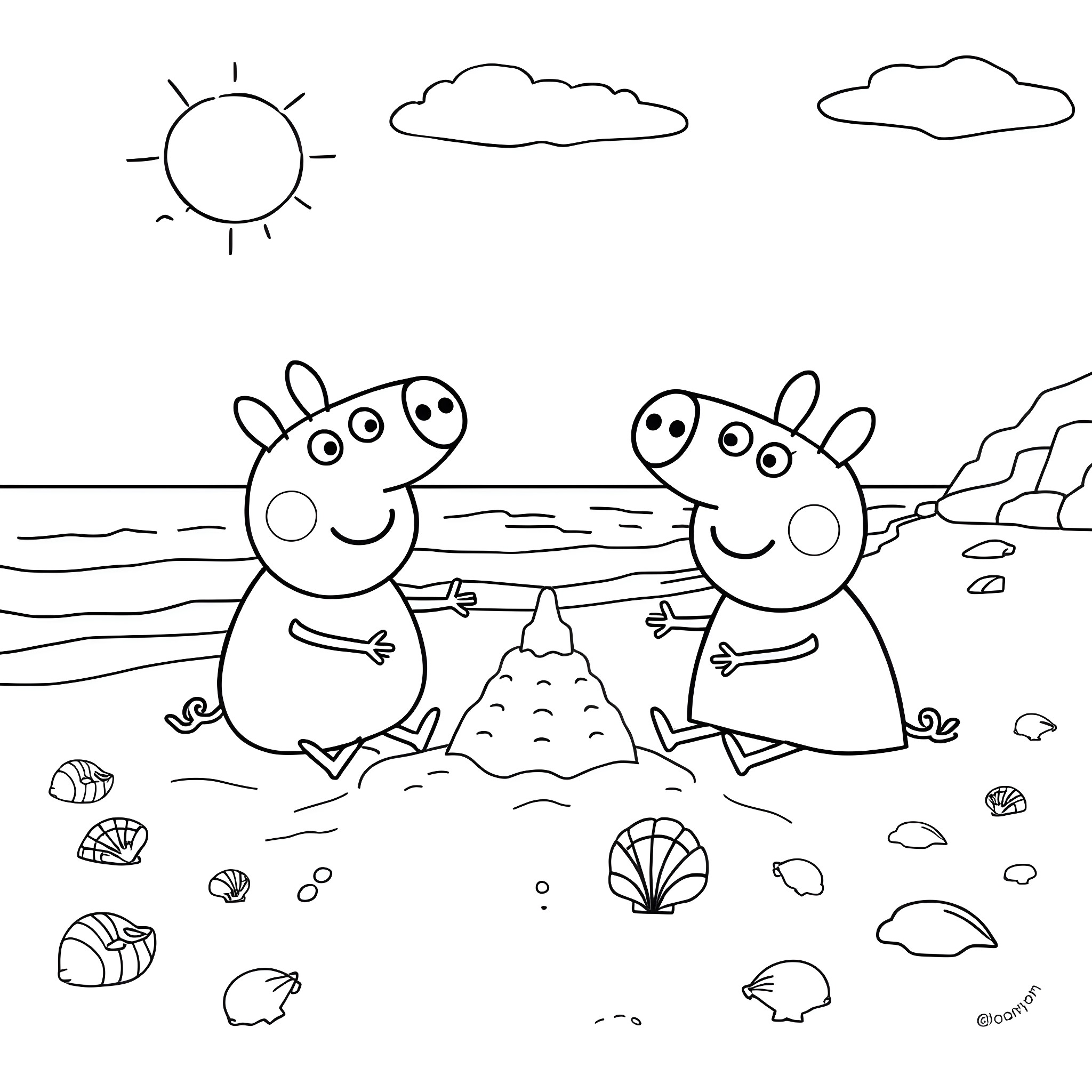 Peppa Pig playing at the beach with her friend Coloring Page (free black-and-white line drawing printable PDF for all, from beginners to advanced learners, including children, teens, adults, and seniors)