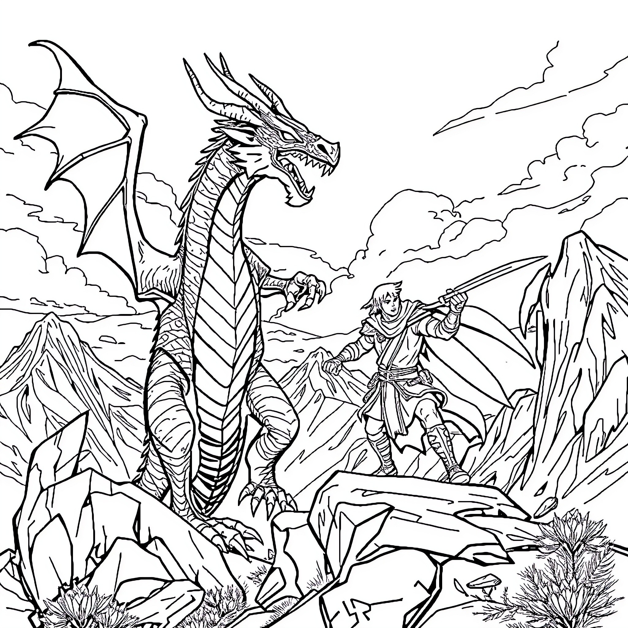 Dragon battling a warrior on a rocky mountain landscape Coloring Page (free black-and-white line drawing printable PDF for all, from beginners to advanced learners, including children, teens, adults, and seniors)