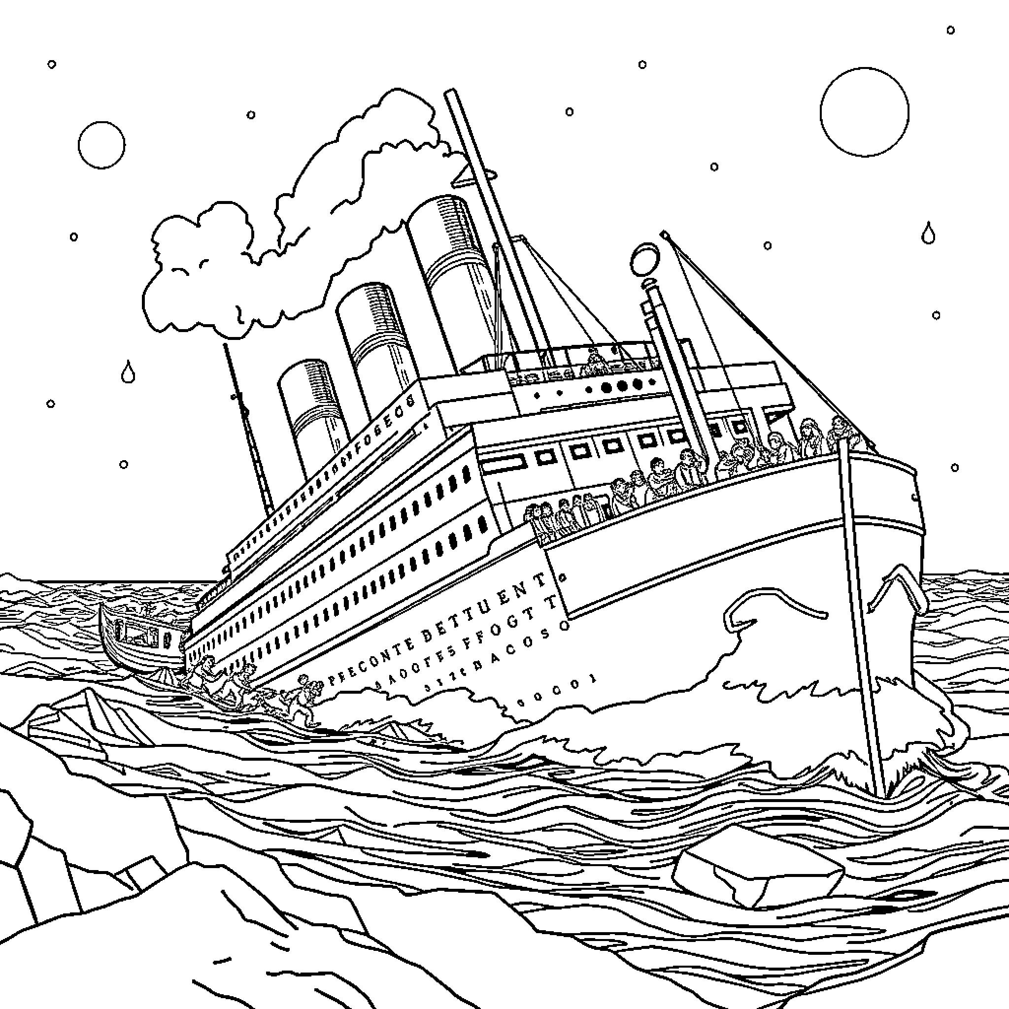 Titanic ship sailing on the high seas Coloring Page (free black-and-white line drawing printable PDF for all, from beginners to advanced learners, including children, teens, adults, and seniors)