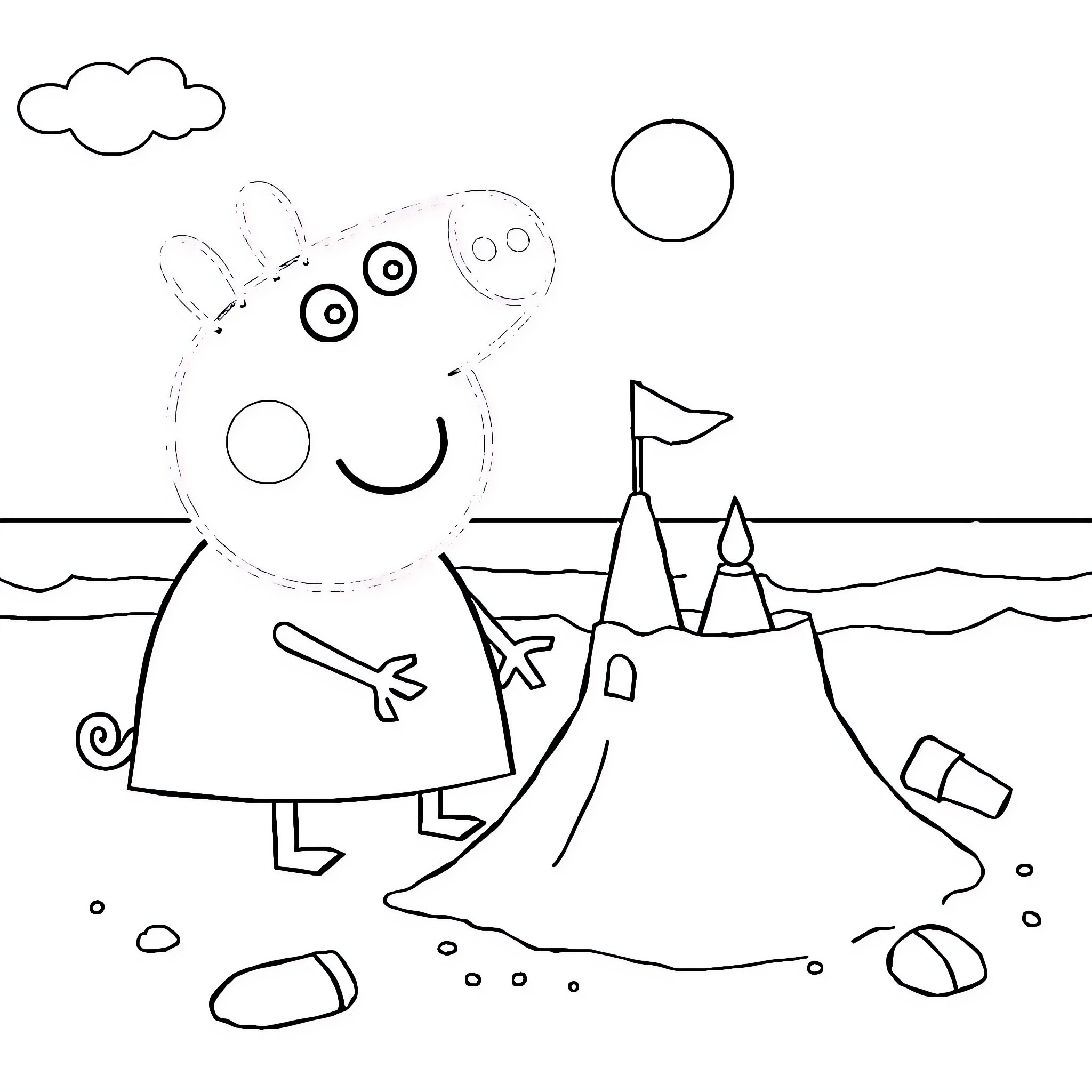 Peppa Pig building a sandcastle at the beach Coloring Page (free black-and-white line drawing printable PDF for all, from beginners to advanced learners, including children, teens, adults, and seniors)
