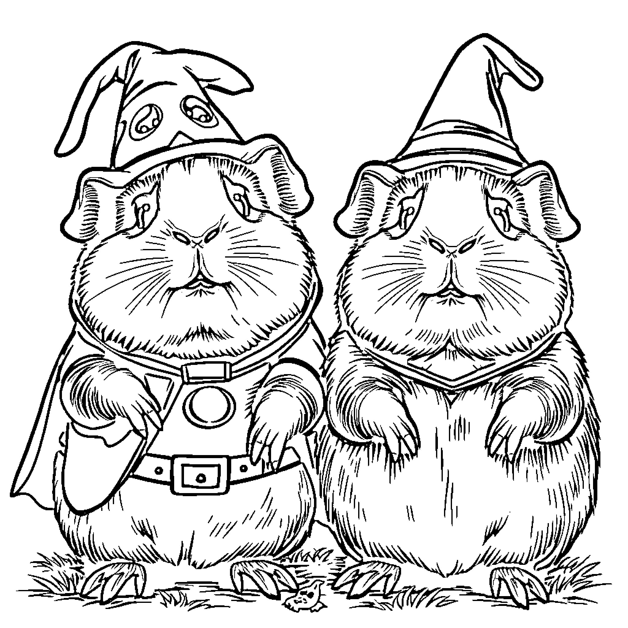 Guinea Pigs Dressed as Fantastical Characters Coloring Page (free black-and-white line drawing printable PDF for all, from beginners to advanced learners, including children, teens, adults, and seniors)