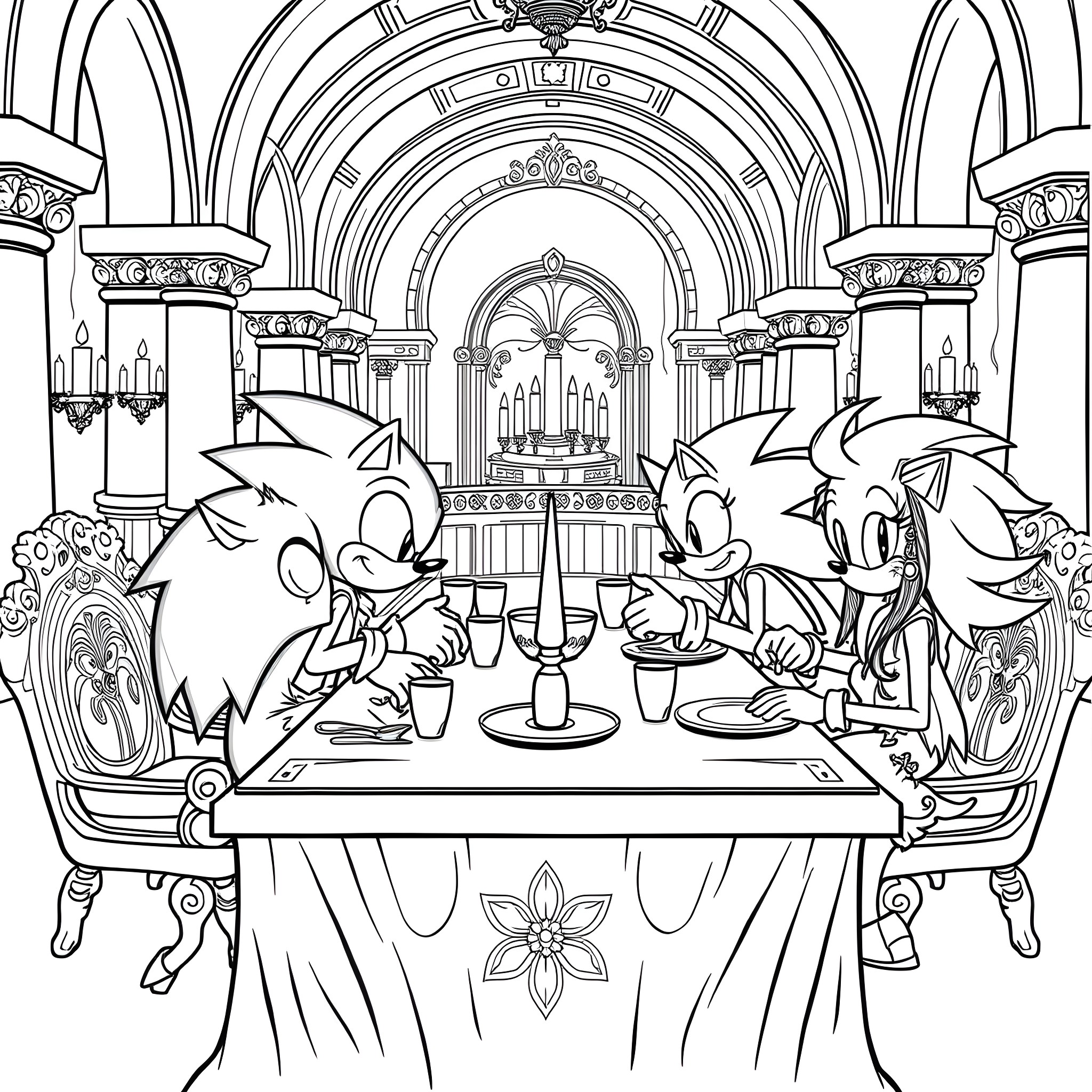 Sonic and friends enjoy a formal dinner in grand castle Coloring Page (free black-and-white line drawing printable PDF for all, from beginners to advanced learners, including children, teens, adults, and seniors)