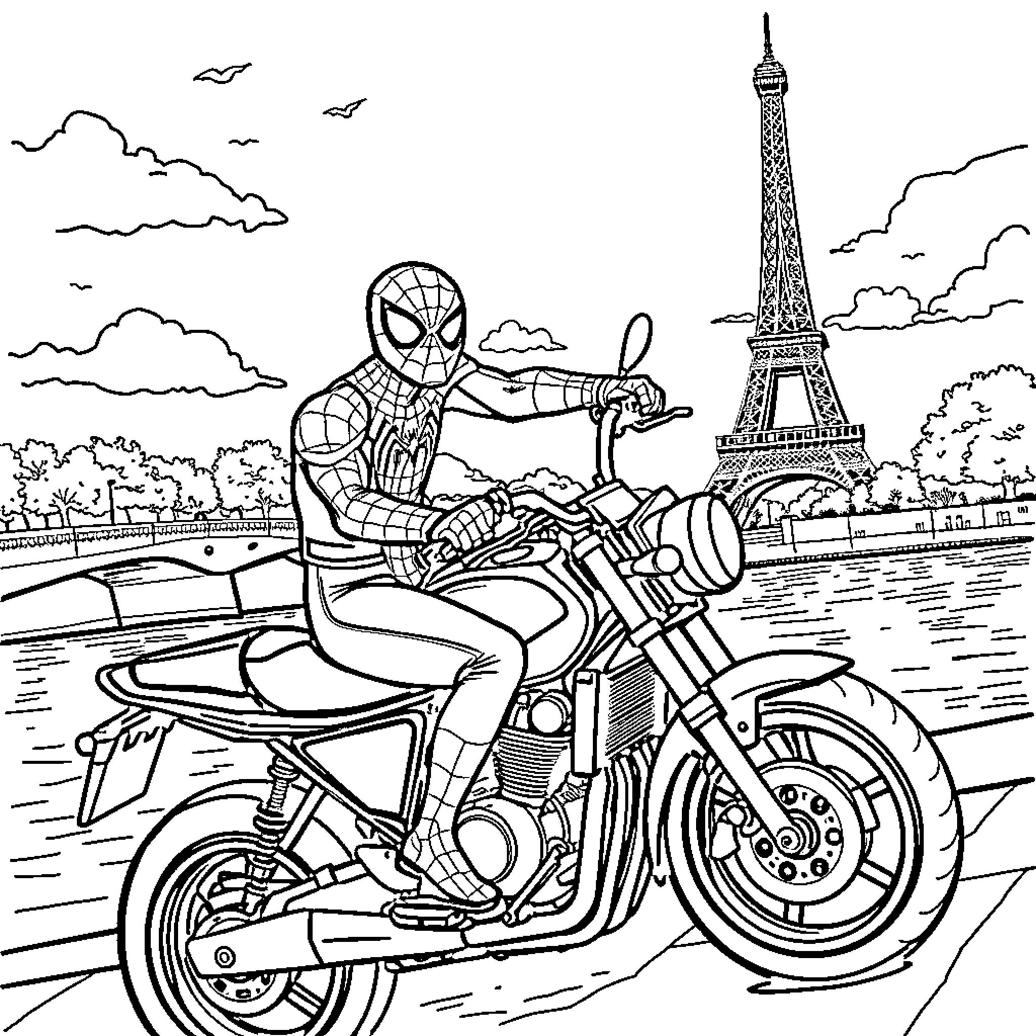Spiderman riding a motorcycle in Paris Coloring Page (free black-and-white line drawing printable PDF for all, from beginners to advanced learners, including children, teens, adults, and seniors)