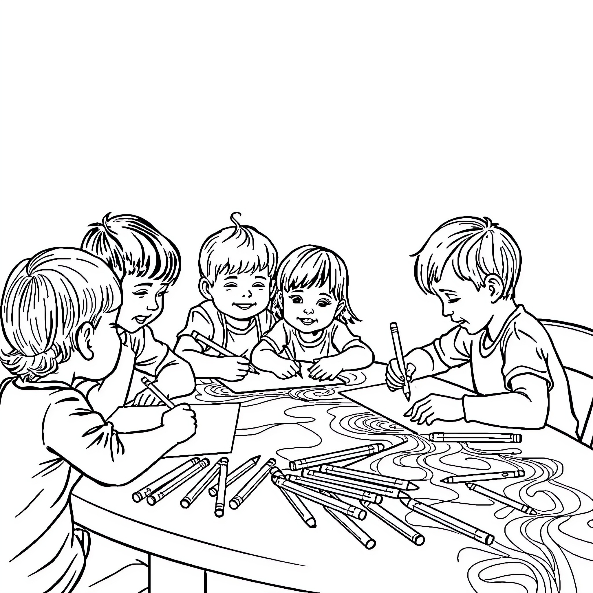 Children Engaged in Lively Artistic Expression Coloring Page (free black-and-white line drawing printable PDF for all, from beginners to advanced learners, including children, teens, adults, and seniors)