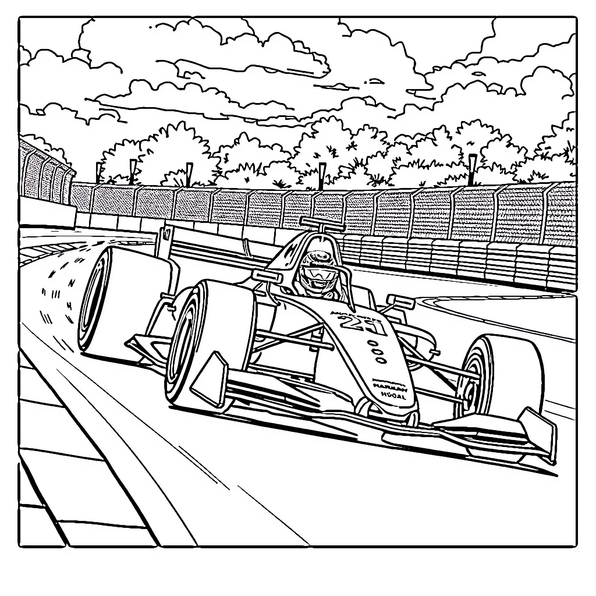 Lando Norris speeding on racetrack in fast car Coloring Page (free black-and-white line drawing printable PDF for all, from beginners to advanced learners, including children, teens, adults, and seniors)