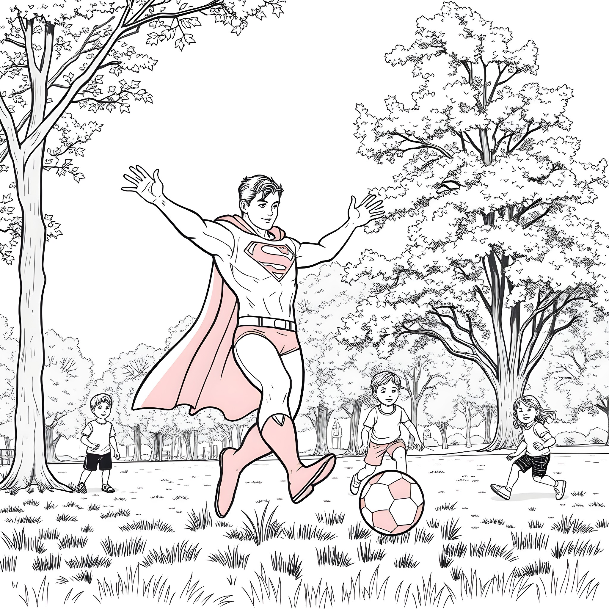 Superman playing with children in a peaceful park Coloring Page (free black-and-white line drawing printable PDF for all, from beginners to advanced learners, including children, teens, adults, and seniors)