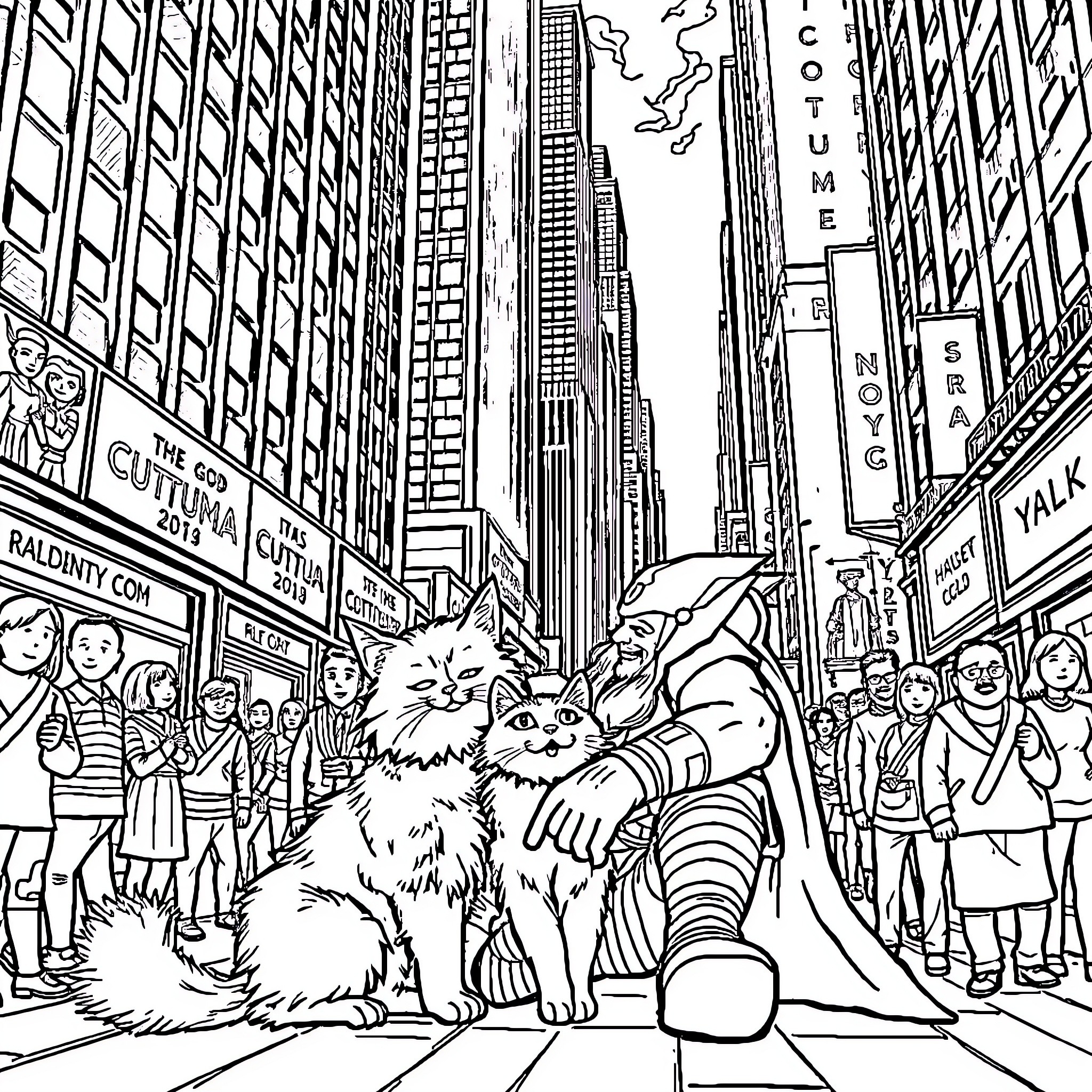 Thor's Feline Adventure in the City Coloring Page (free black-and-white line drawing printable PDF for all, from beginners to advanced learners, including children, teens, adults, and seniors)