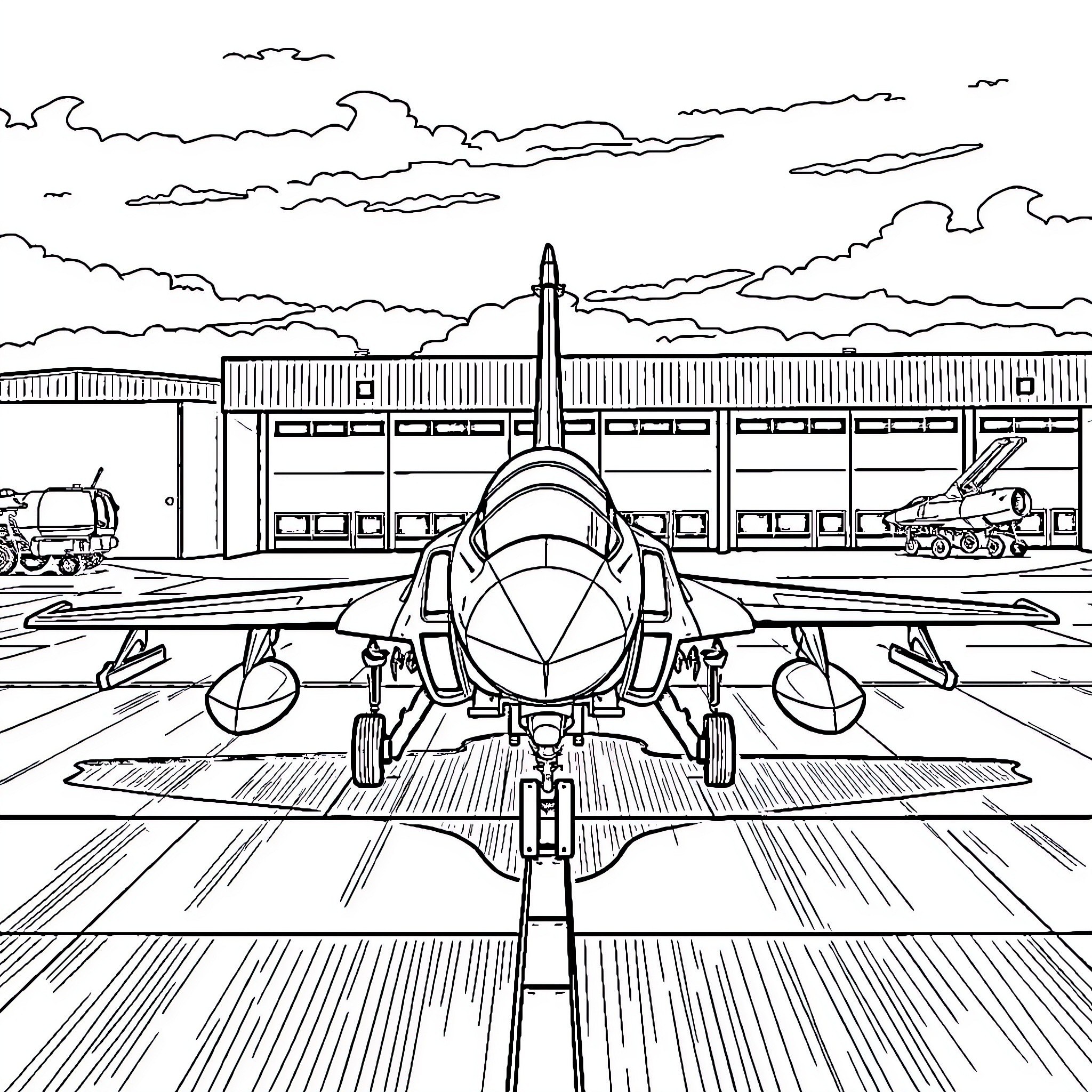 Mirage 2000 aircraft in military hangar Coloring Page (free black-and-white line drawing printable PDF for all, from beginners to advanced learners, including children, teens, adults, and seniors)