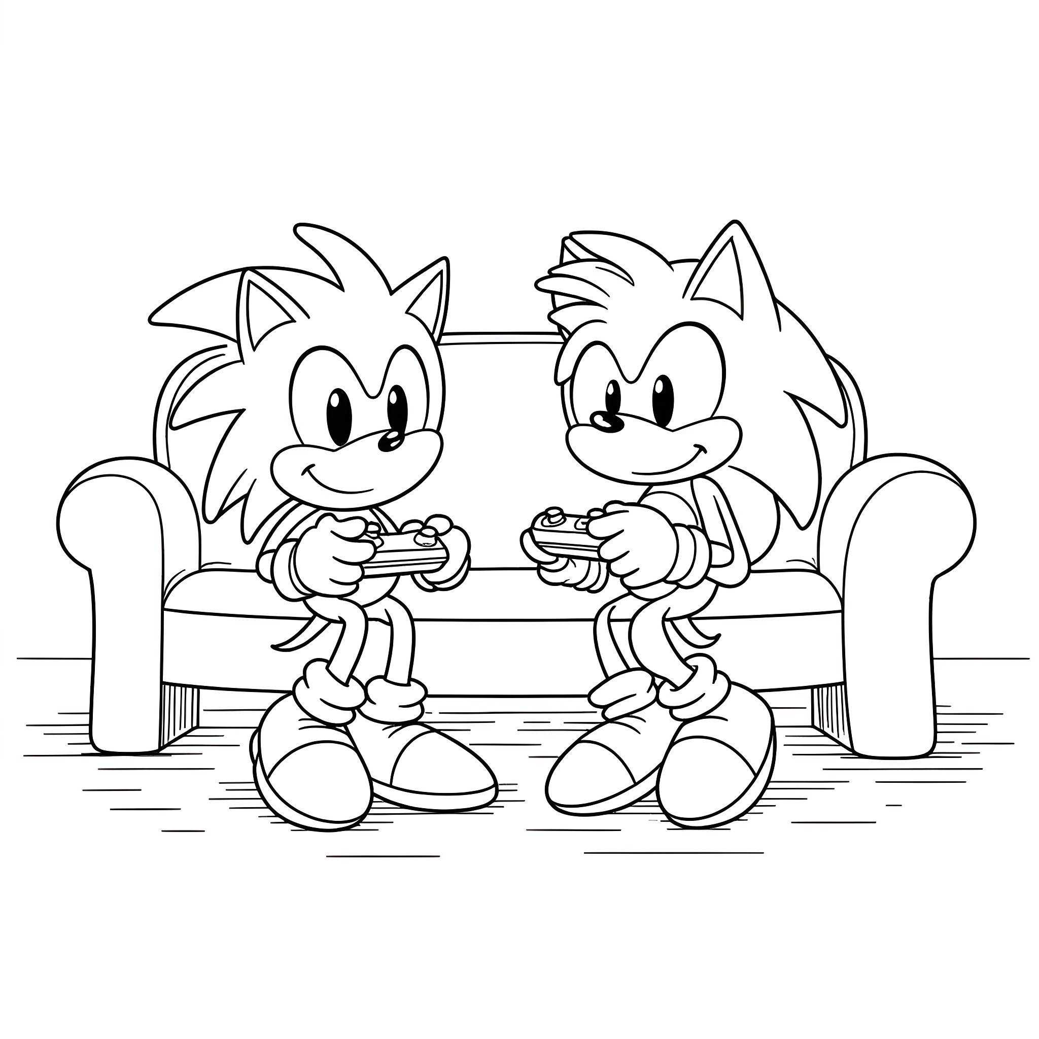 Sonic characters gaming together on the couch Coloring Page (free black-and-white line drawing printable PDF for all, from beginners to advanced learners, including children, teens, adults, and seniors)