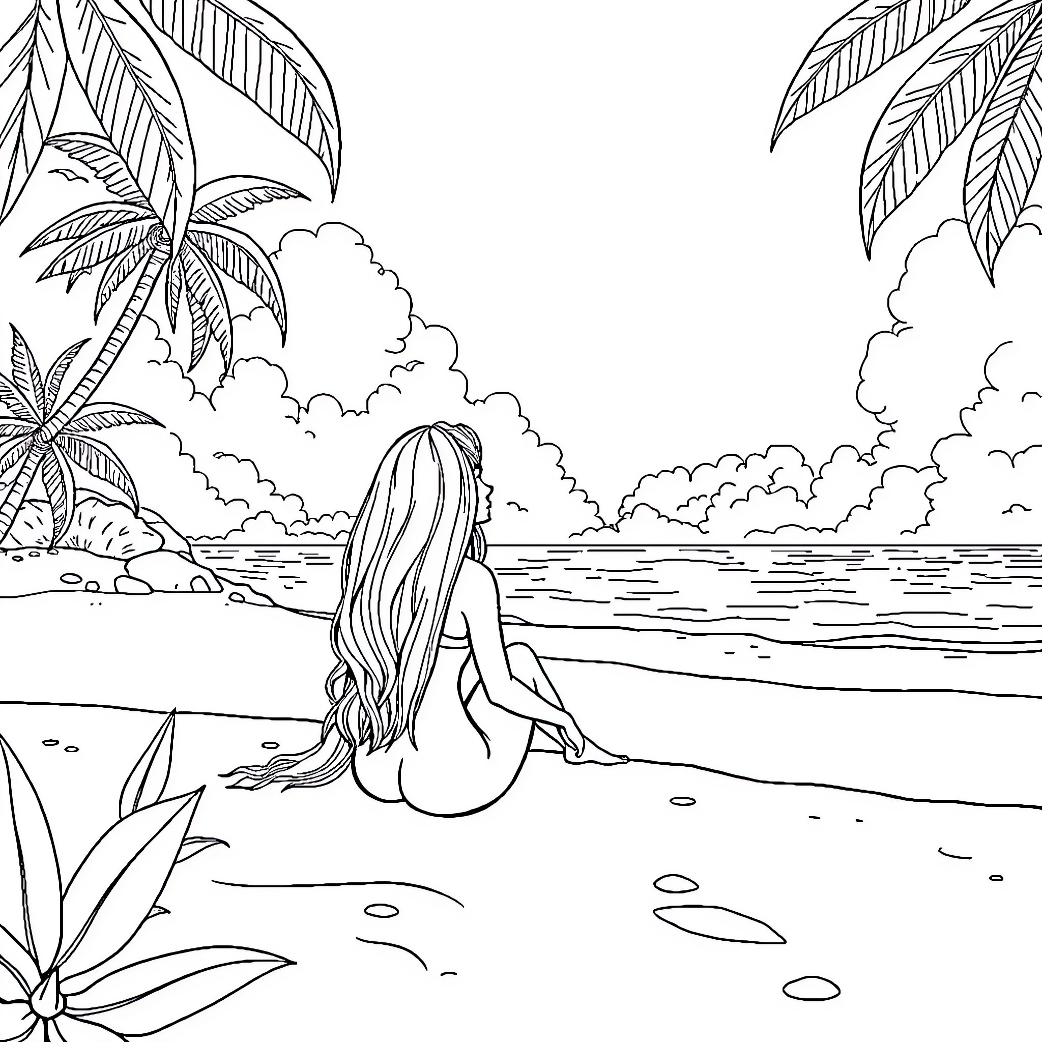 Daina sitting peacefully on the beach Coloring Page (free black-and-white line drawing printable PDF for all, from beginners to advanced learners, including children, teens, adults, and seniors)