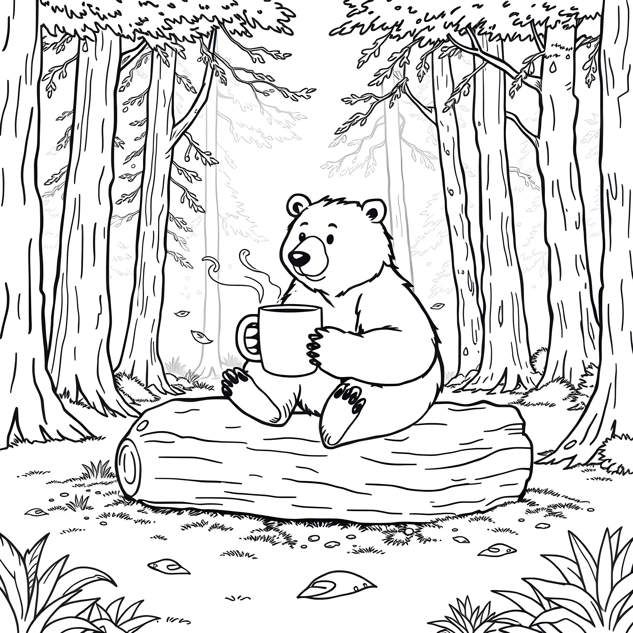 Bear enjoying a warm beverage in the forest Coloring Page (free black-and-white line drawing printable PDF for all, from beginners to advanced learners, including children, teens, adults, and seniors)
