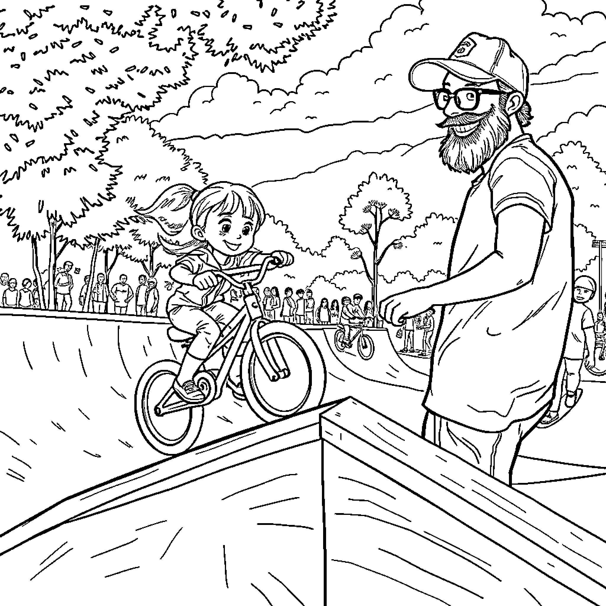 Girl riding bicycle with adult supervision in park Coloring Page (free black-and-white line drawing printable PDF for all, from beginners to advanced learners, including children, teens, adults, and seniors)