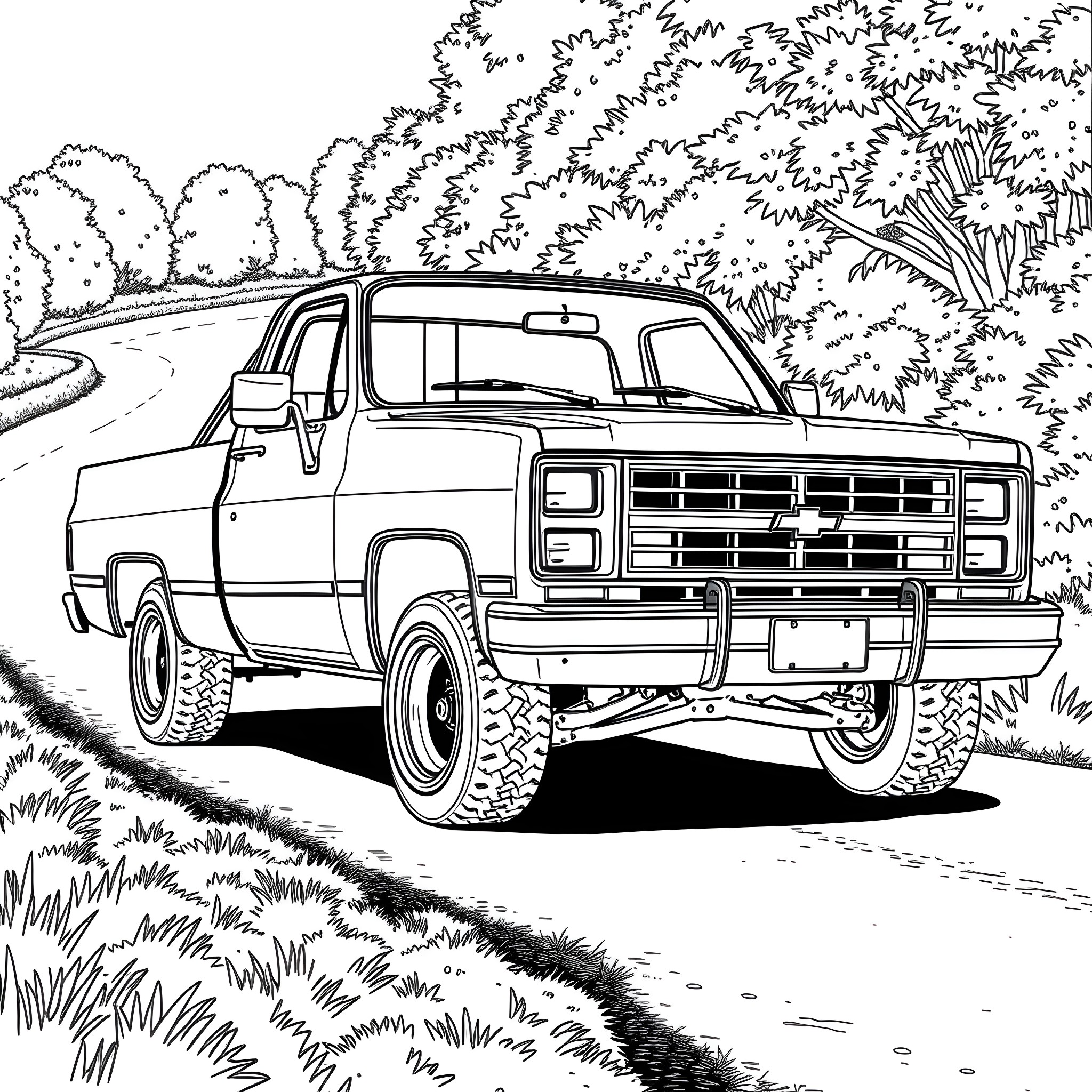 K10 Pickup Truck Navigating Rugged Terrain Coloring Page (free black-and-white line drawing printable PDF for all, from beginners to advanced learners, including children, teens, adults, and seniors)