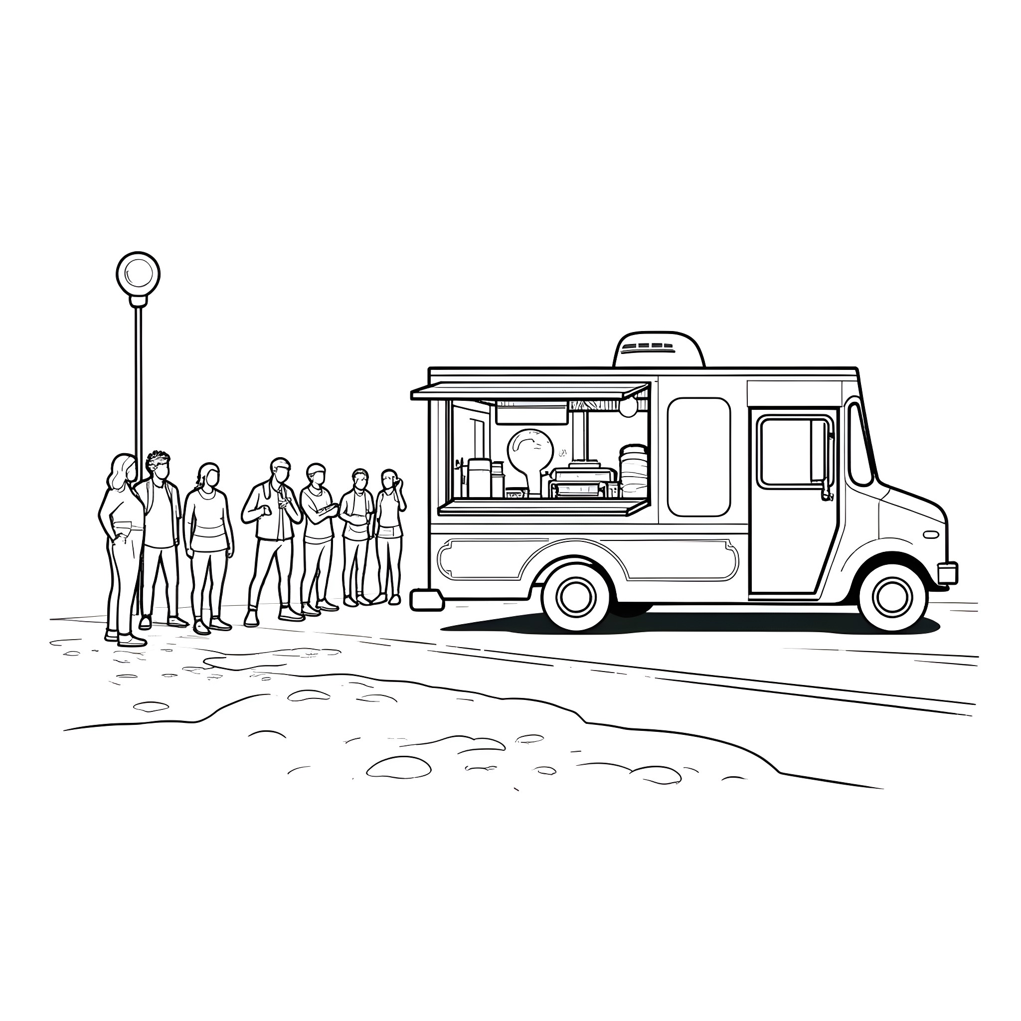 Food Truck serving customers at outdoor event Coloring Page (free black-and-white line drawing printable PDF for all, from beginners to advanced learners, including children, teens, adults, and seniors)