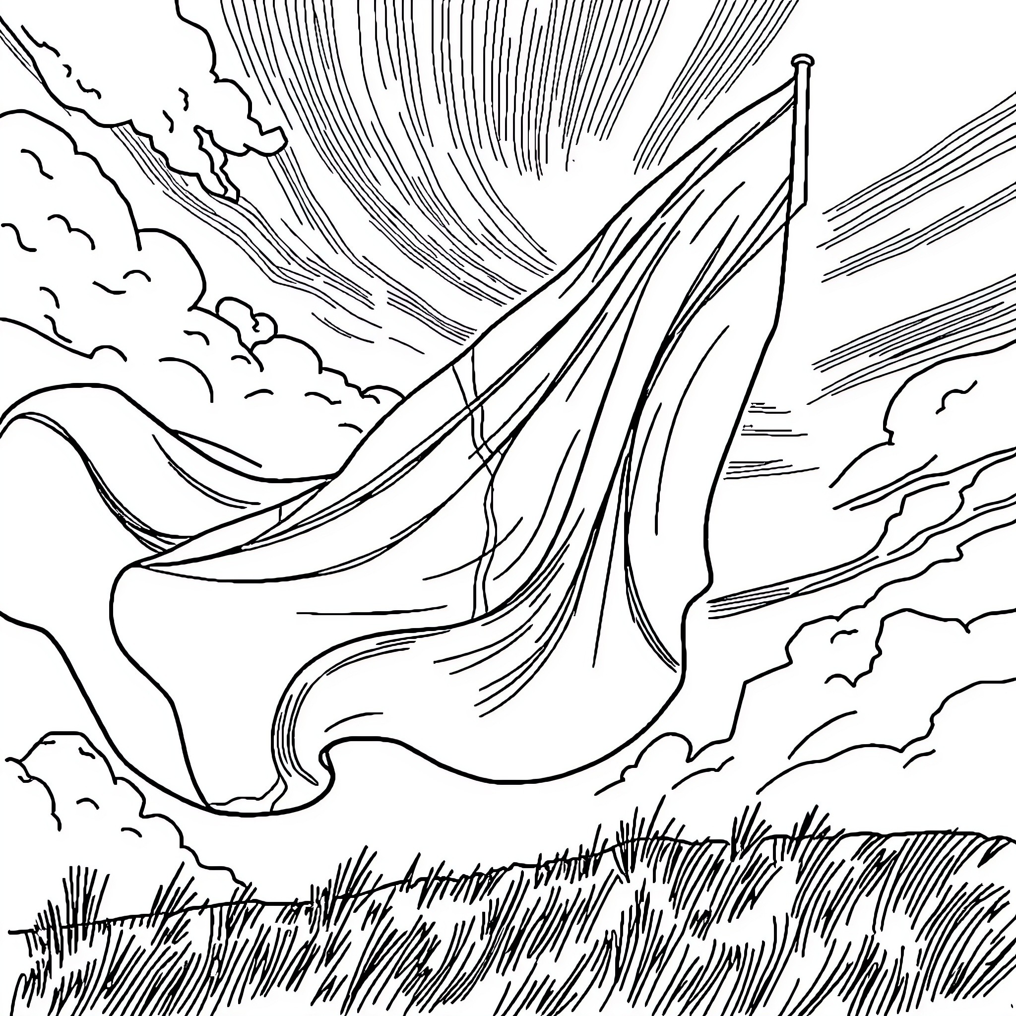 Cameroon Flag waving proudly in the wind Coloring Page (free black-and-white line drawing printable PDF for all, from beginners to advanced learners, including children, teens, adults, and seniors)