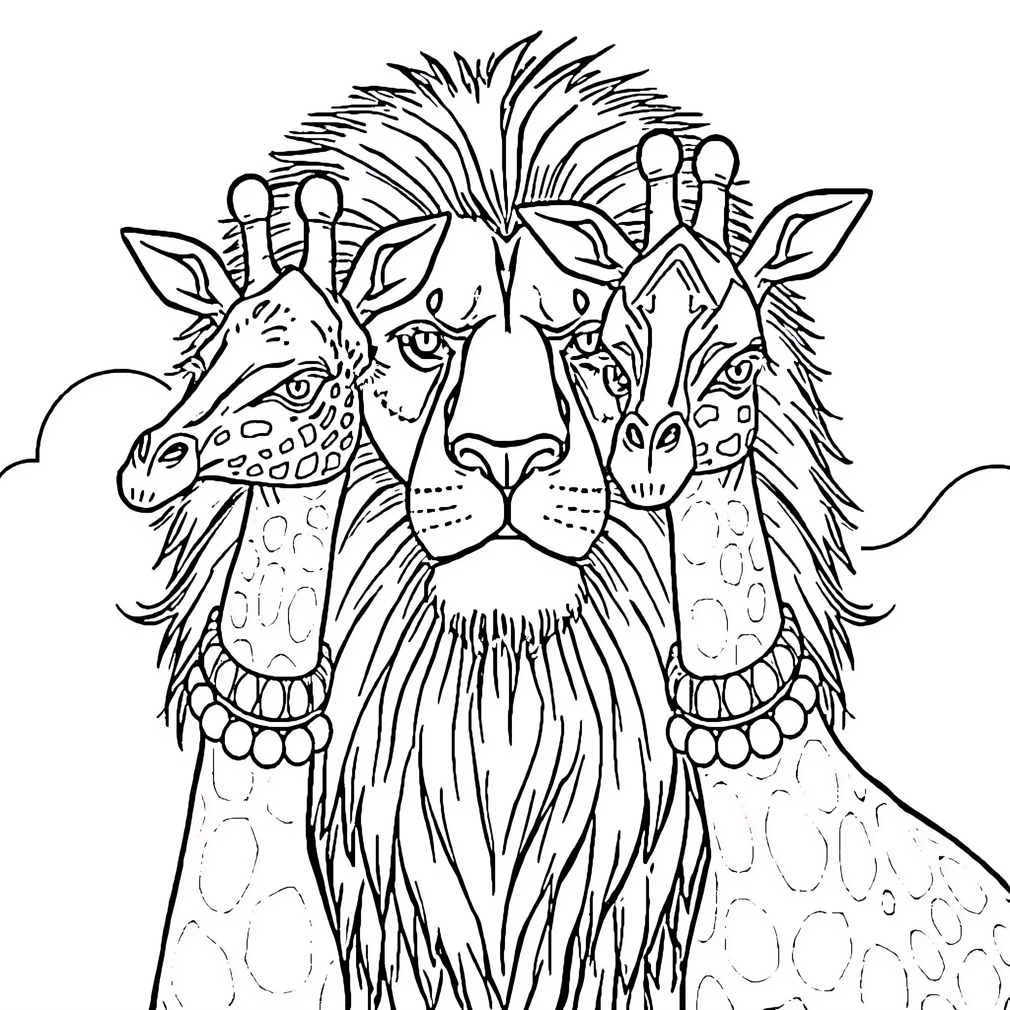 Lion with Intricate Decorations and Expressions Coloring Page (free black-and-white line drawing printable PDF for all, from beginners to advanced learners, including children, teens, adults, and seniors)