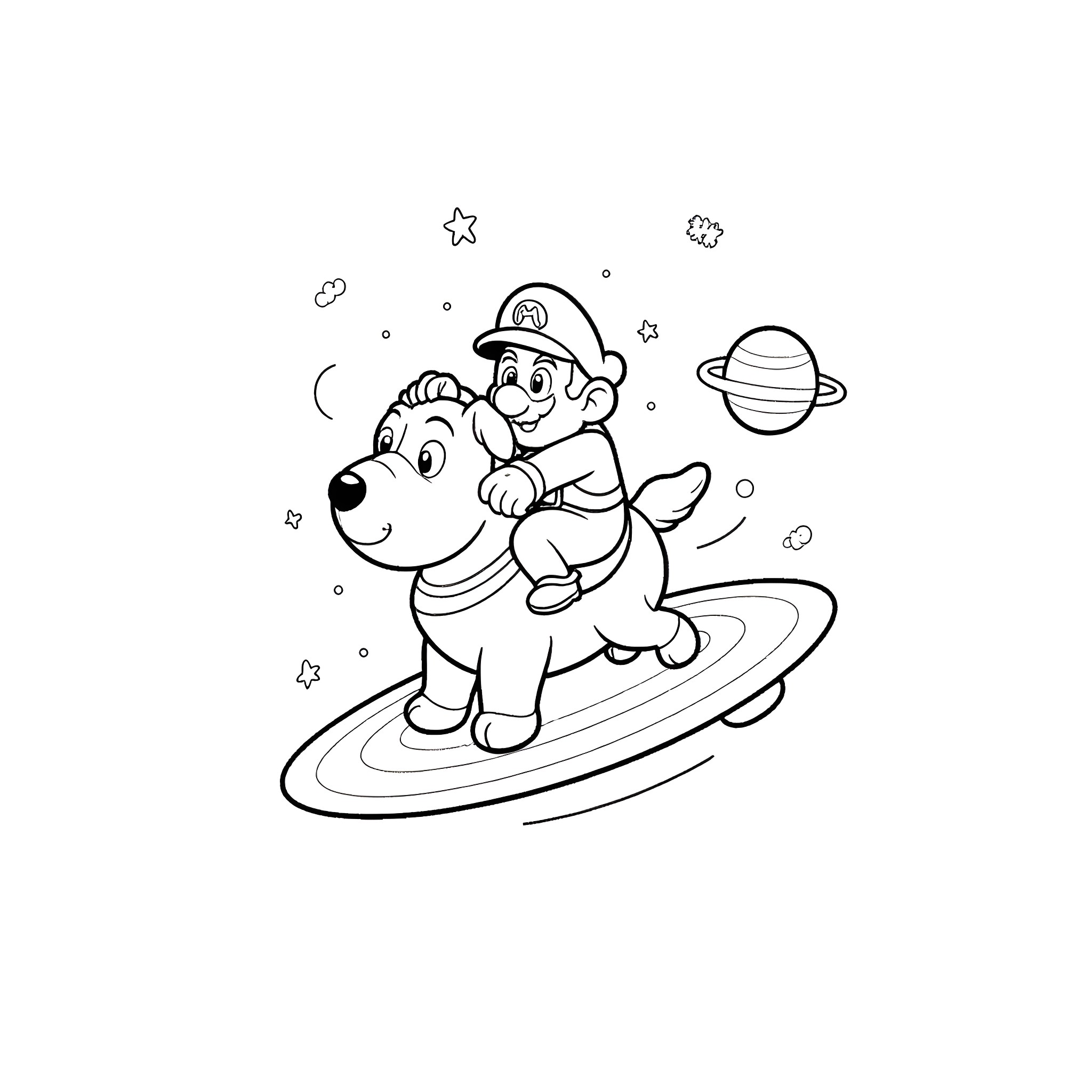 Mario riding a surfboard in space Coloring Page (free black-and-white line drawing printable PDF for all, from beginners to advanced learners, including children, teens, adults, and seniors)