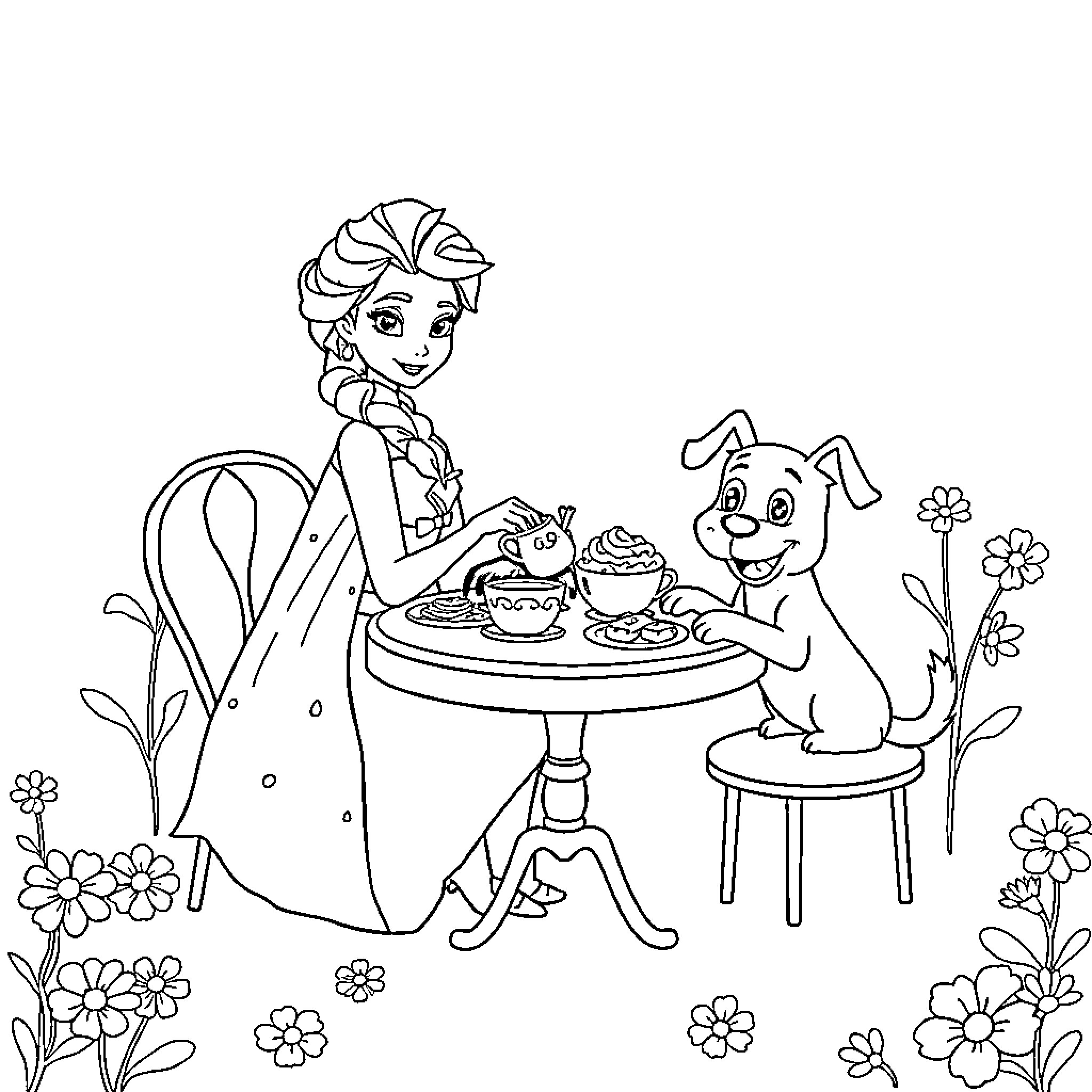 Elsa enjoying tea party with her puppy friend Coloring Page (free black-and-white line drawing printable PDF for all, from beginners to advanced learners, including children, teens, adults, and seniors)