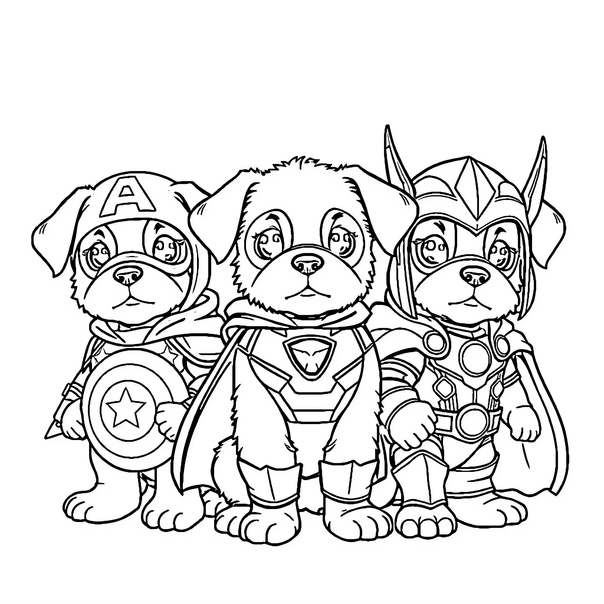 Puppies dressed as superheroes Coloring Page (free black-and-white line drawing printable PDF for all, from beginners to advanced learners, including children, teens, adults, and seniors)