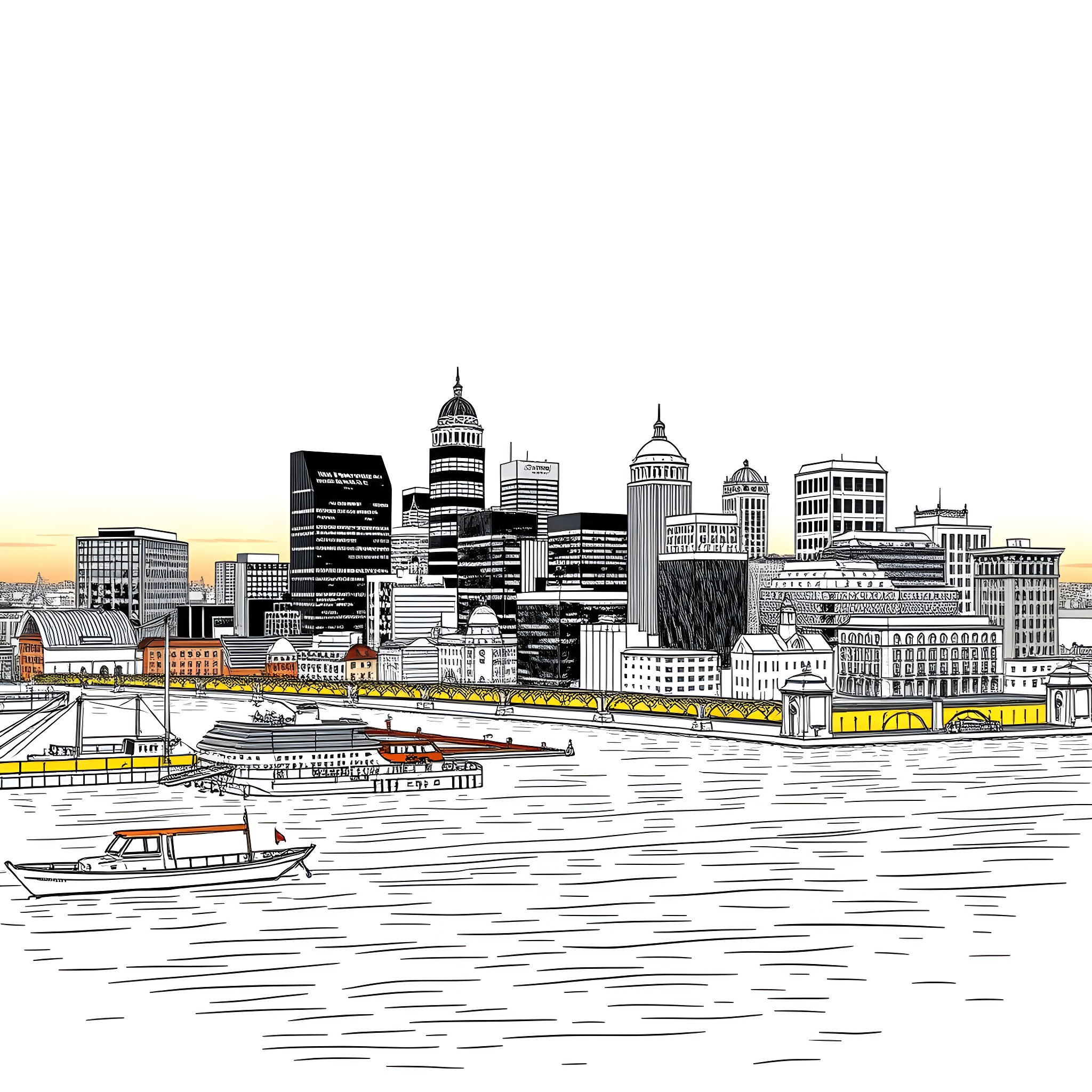 Baltimore city skyline with boats and waterfront Coloring Page (free black-and-white line drawing printable PDF for all, from beginners to advanced learners, including children, teens, adults, and seniors)