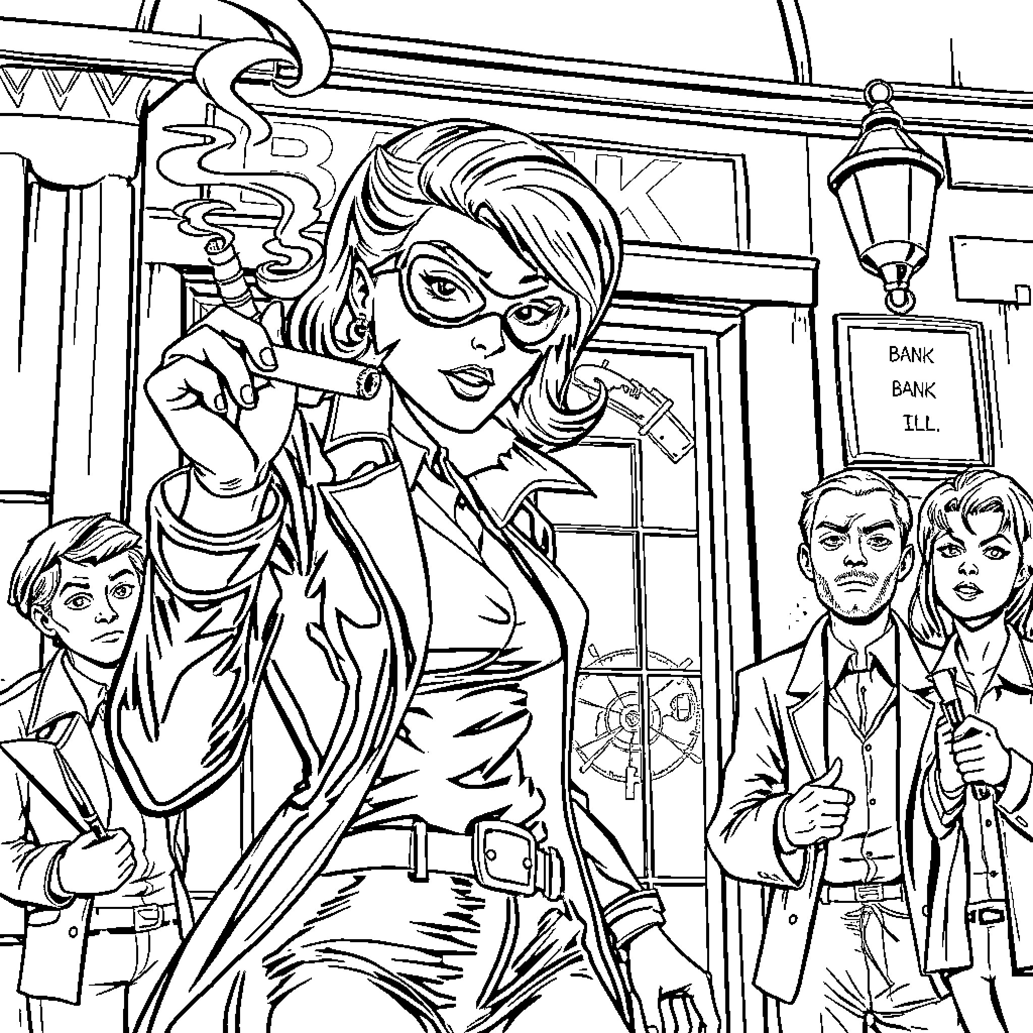Villain plotting heist at the bank Coloring Page (free black-and-white line drawing printable PDF for all, from beginners to advanced learners, including children, teens, adults, and seniors)