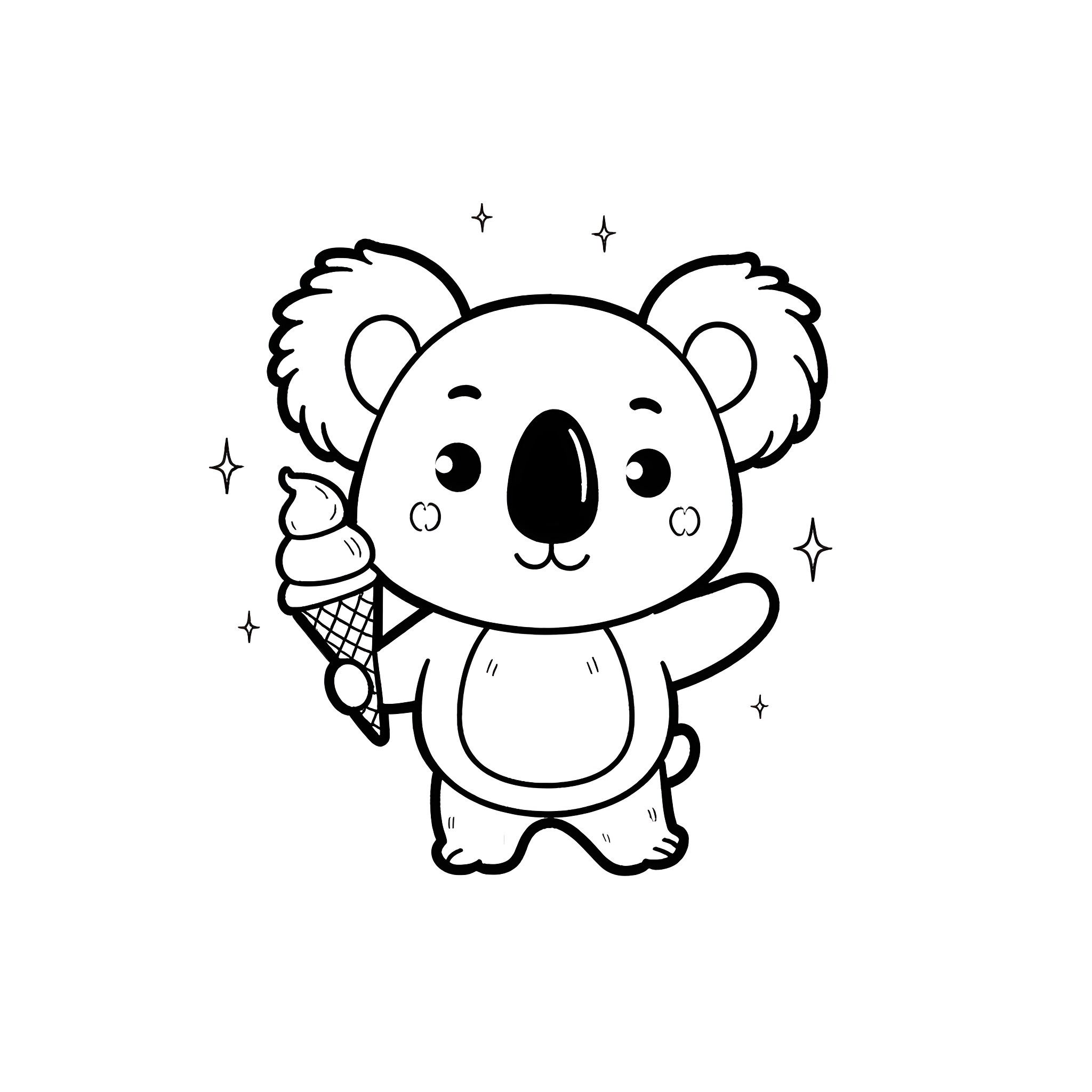 Koala enjoying an ice cream cone Coloring Page (free black-and-white line drawing printable PDF for all, from beginners to advanced learners, including children, teens, adults, and seniors)