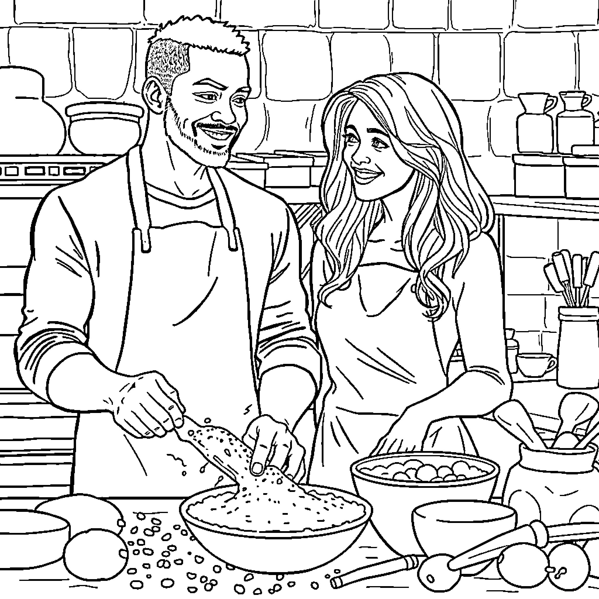 Couple cooking together in the kitchen Coloring Page (free black-and-white line drawing printable PDF for all, from beginners to advanced learners, including children, teens, adults, and seniors)