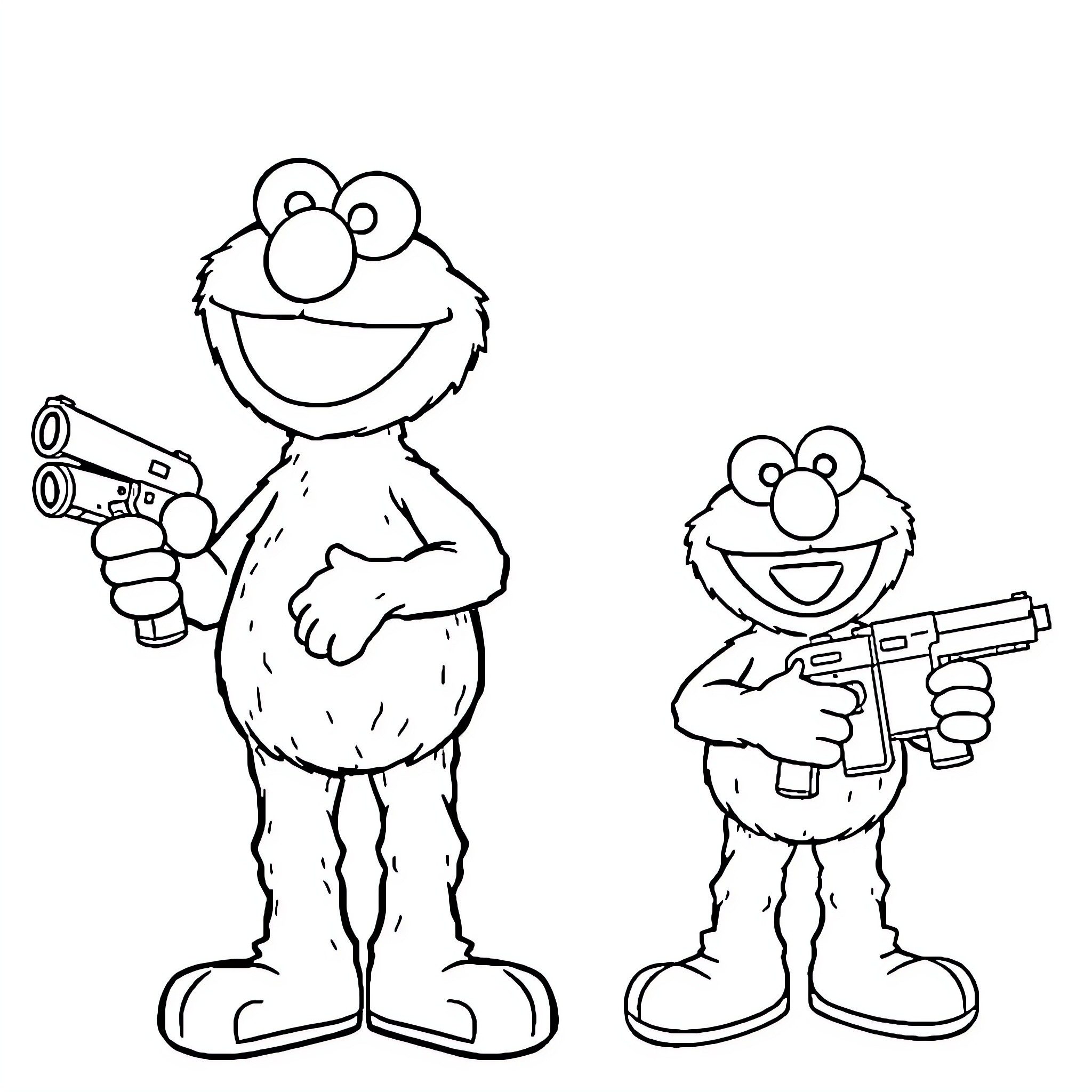Elmo and friend playing with toy guns Coloring Page (free black-and-white line drawing printable PDF for all, from beginners to advanced learners, including children, teens, adults, and seniors)