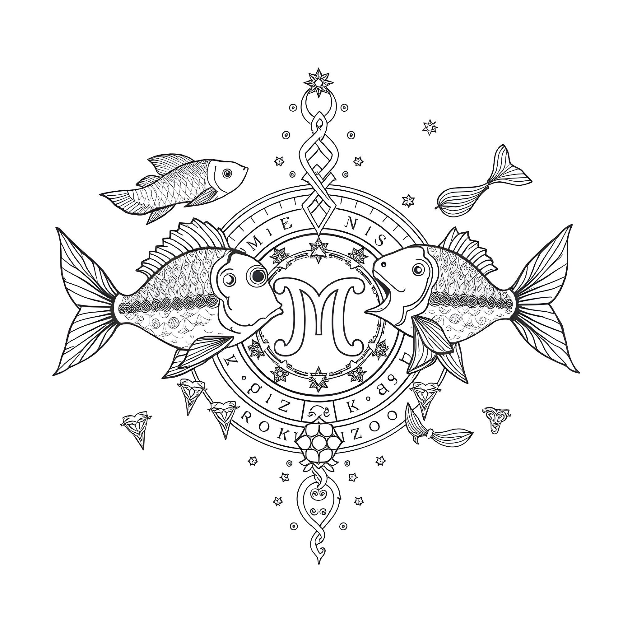 Fish swimming amidst decorative elements Coloring Page (free black-and-white line drawing printable PDF for all, from beginners to advanced learners, including children, teens, adults, and seniors)