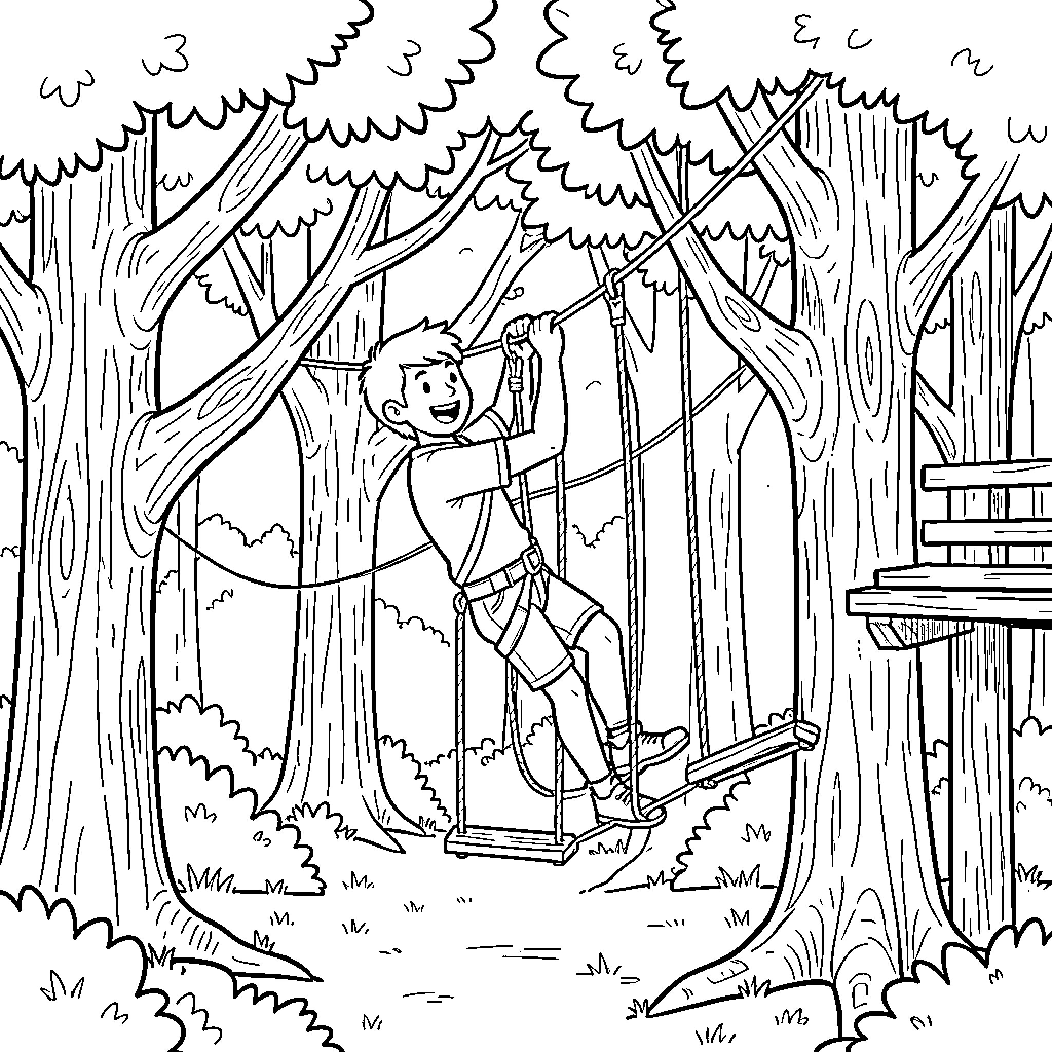 Ruben swinging joyfully on a forest rope swing Coloring Page (free black-and-white line drawing printable PDF for all, from beginners to advanced learners, including children, teens, adults, and seniors)
