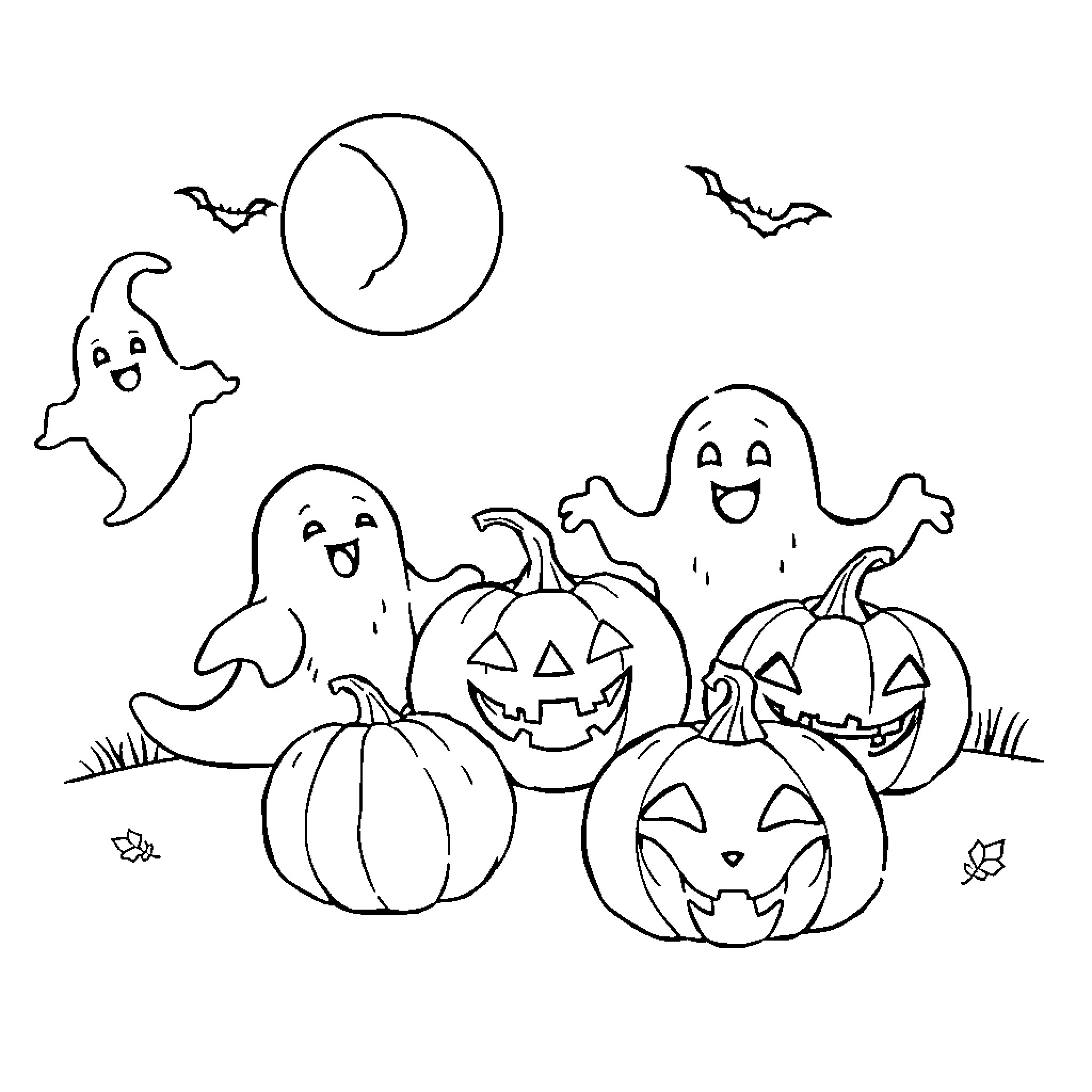 Halloween Spooky Scene with Ghosts and Pumpkins Coloring Page (free black-and-white line drawing printable PDF for all, from beginners to advanced learners, including children, teens, adults, and seniors)