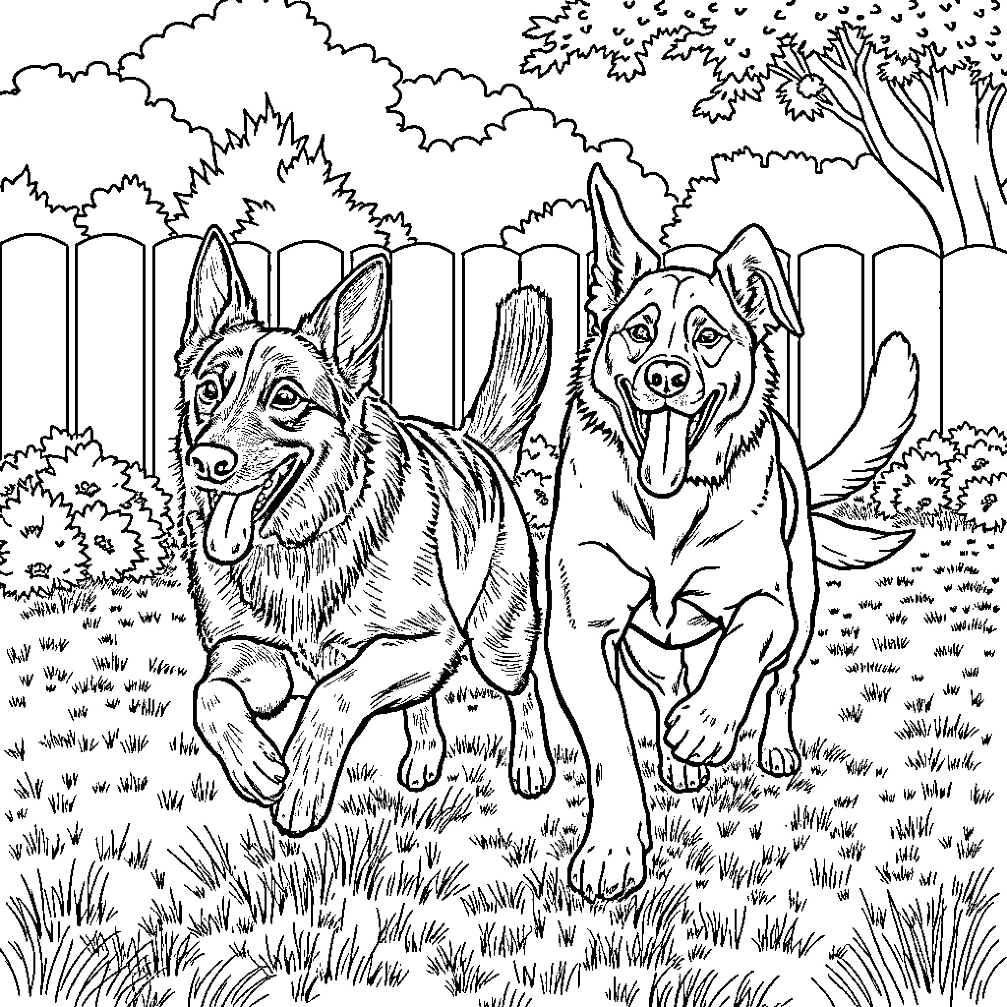 German Shepherds playing in the park Coloring Page (free black-and-white line drawing printable PDF for all, from beginners to advanced learners, including children, teens, adults, and seniors)