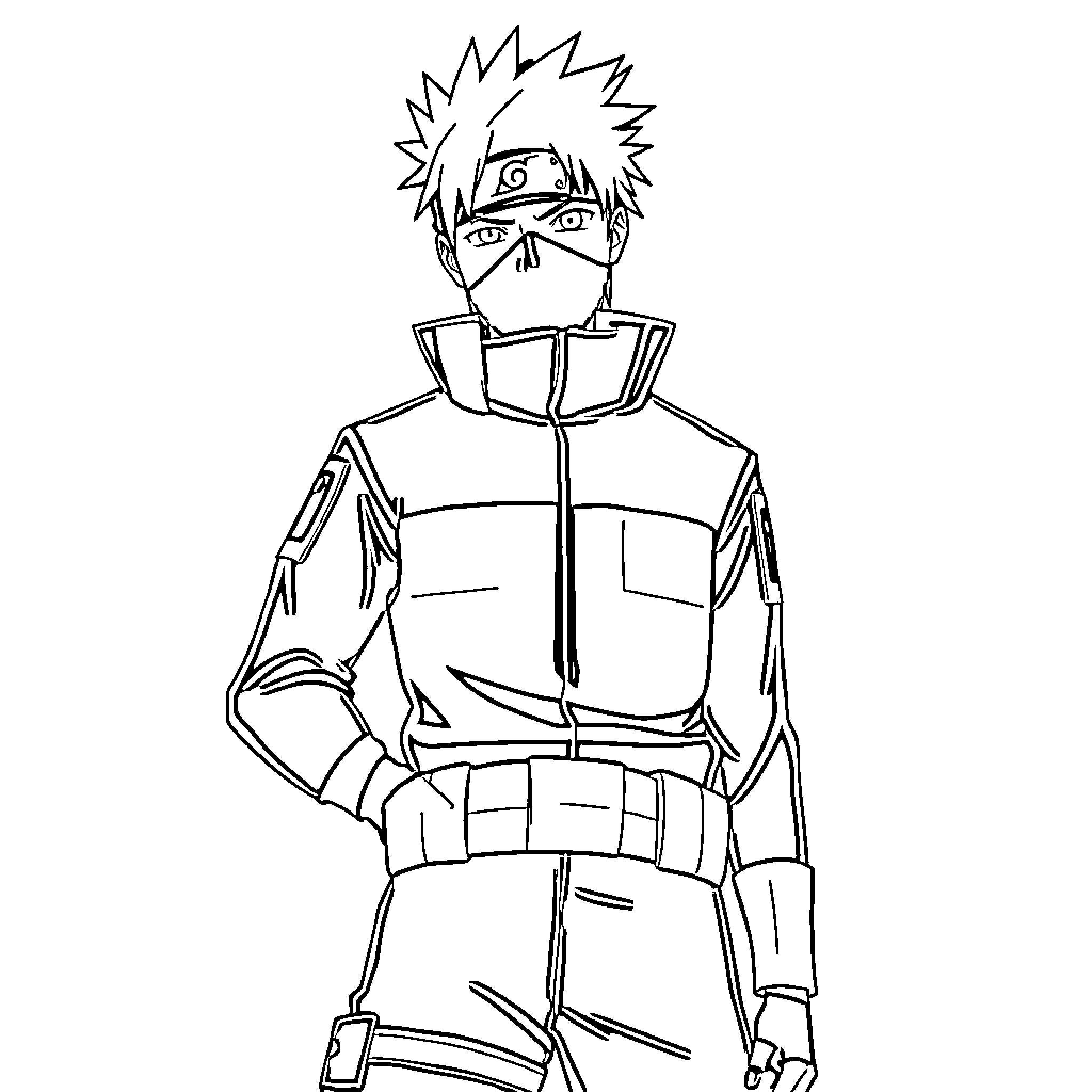 Kakashi in action-ready outfit Coloring Page (free black-and-white line drawing printable PDF for all, from beginners to advanced learners, including children, teens, adults, and seniors)