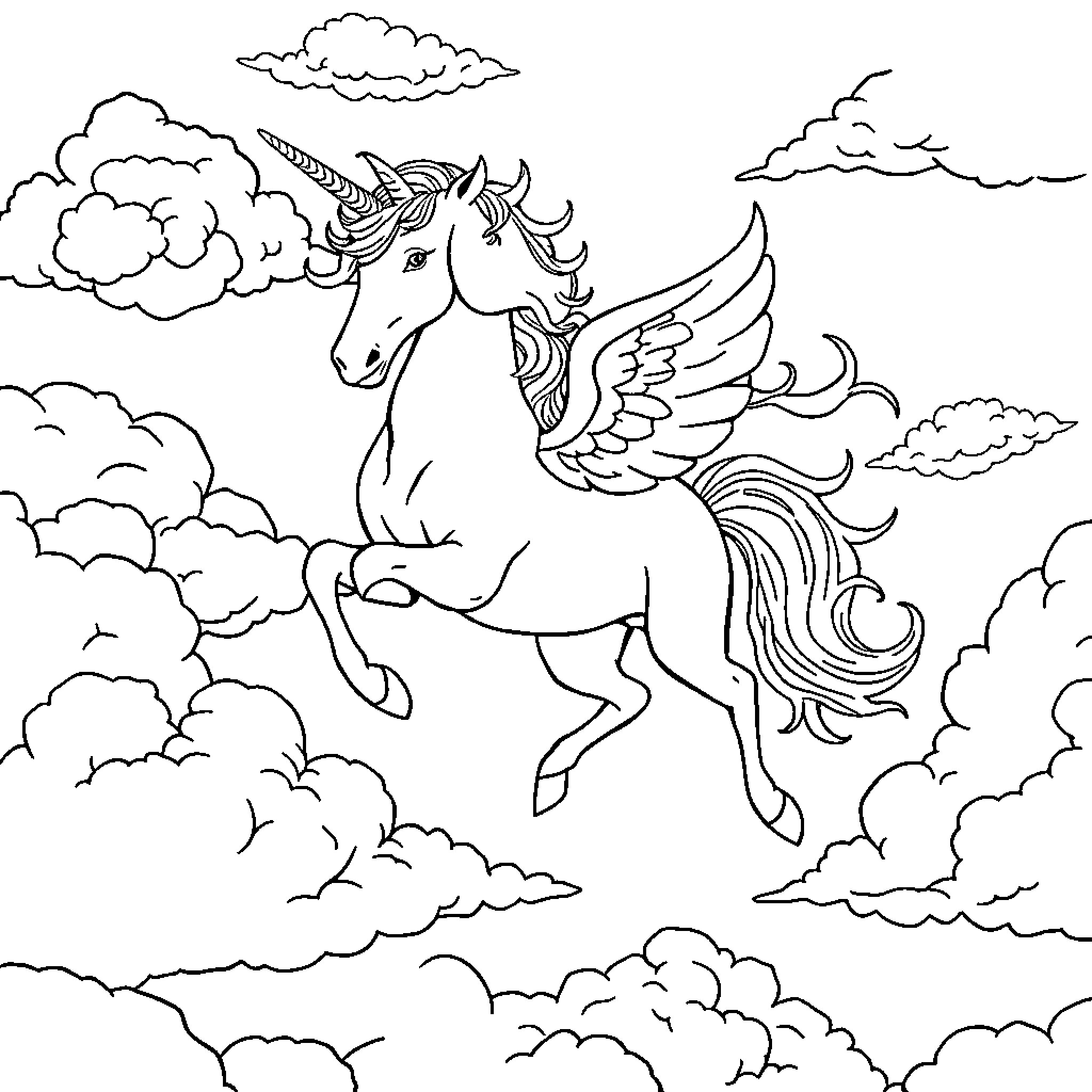 Unicorn flying through cloudy skies Coloring Page (free black-and-white line drawing printable PDF for all, from beginners to advanced learners, including children, teens, adults, and seniors)