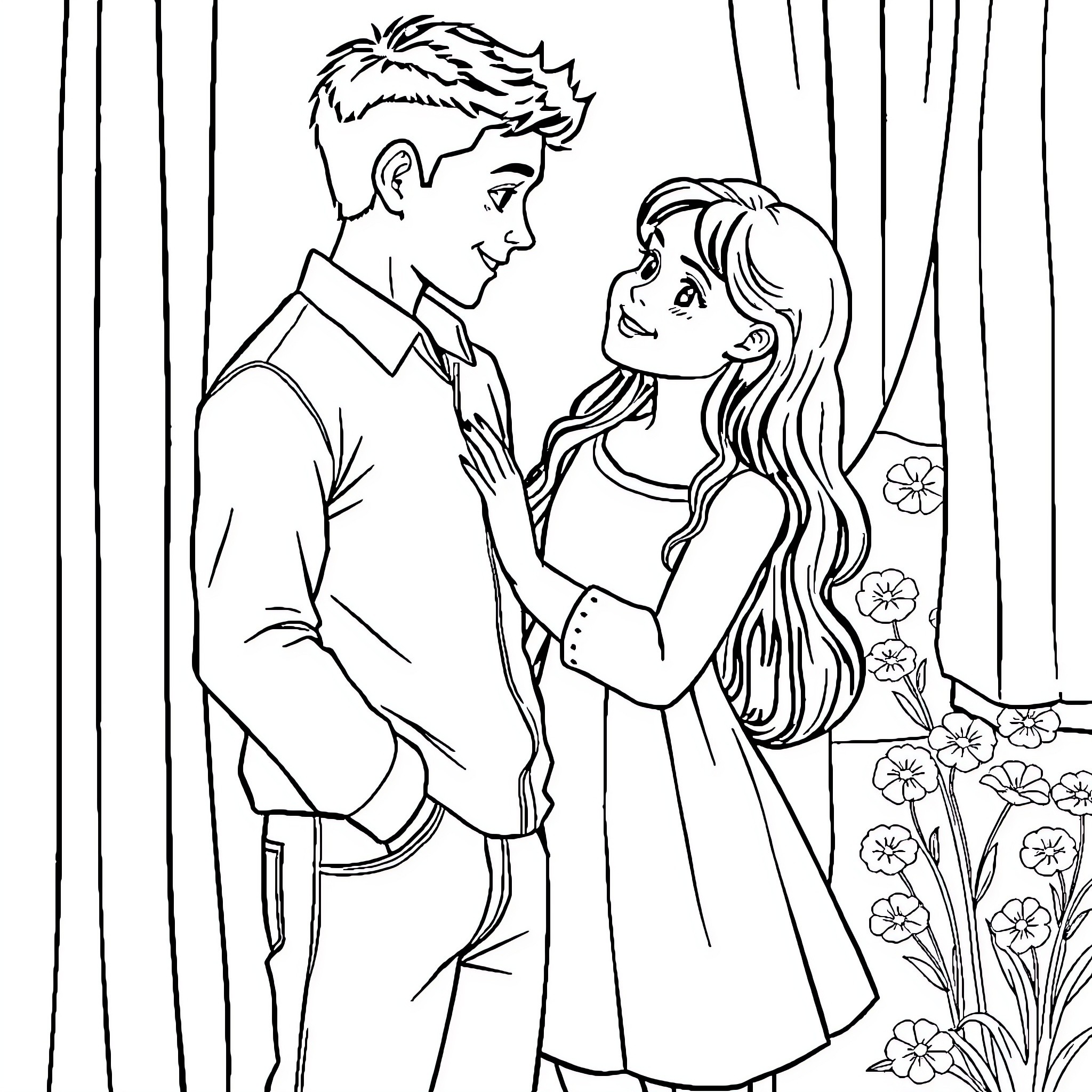 Brother's Romantic Embrace in Floral Scene Coloring Page (free black-and-white line drawing printable PDF for all, from beginners to advanced learners, including children, teens, adults, and seniors)