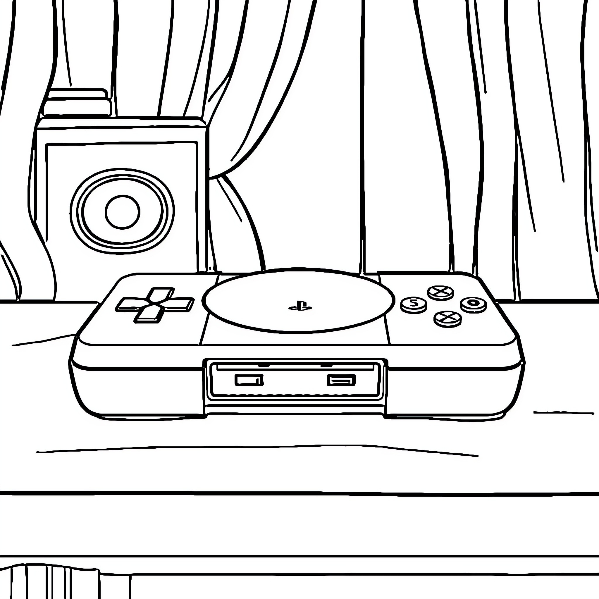 PS Video Game Console and Accessories Coloring Page (free black-and-white line drawing printable PDF for all, from beginners to advanced learners, including children, teens, adults, and seniors)