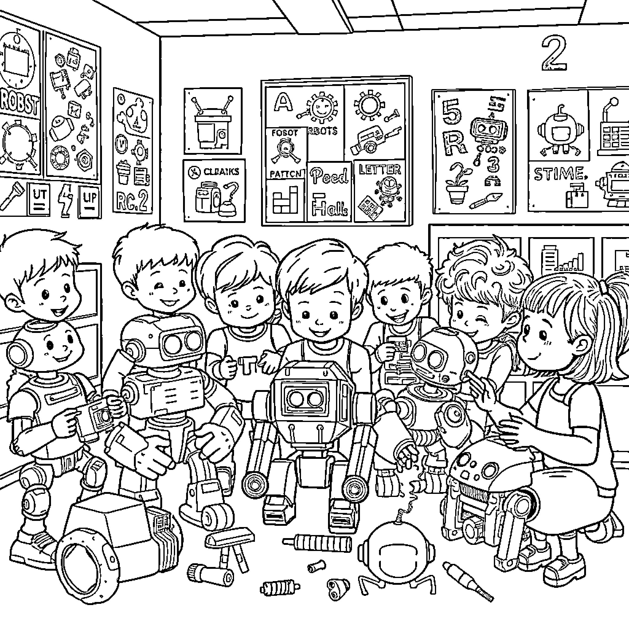 Children exploring and playing with various toys in a classroom Coloring Page (free black-and-white line drawing printable PDF for all, from beginners to advanced learners, including children, teens, adults, and seniors)