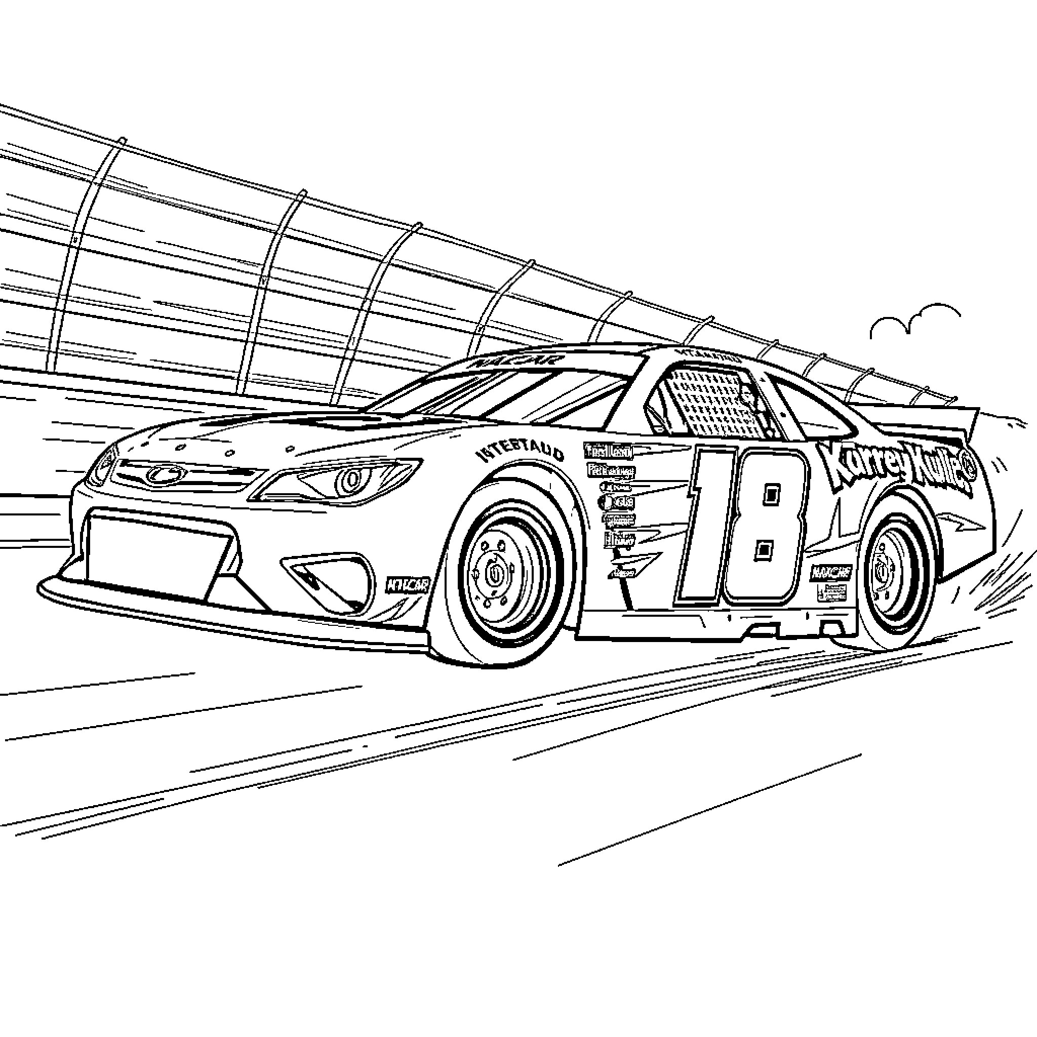 NASCAR Car speeding on race track Coloring Page (free black-and-white line drawing printable PDF for all, from beginners to advanced learners, including children, teens, adults, and seniors)