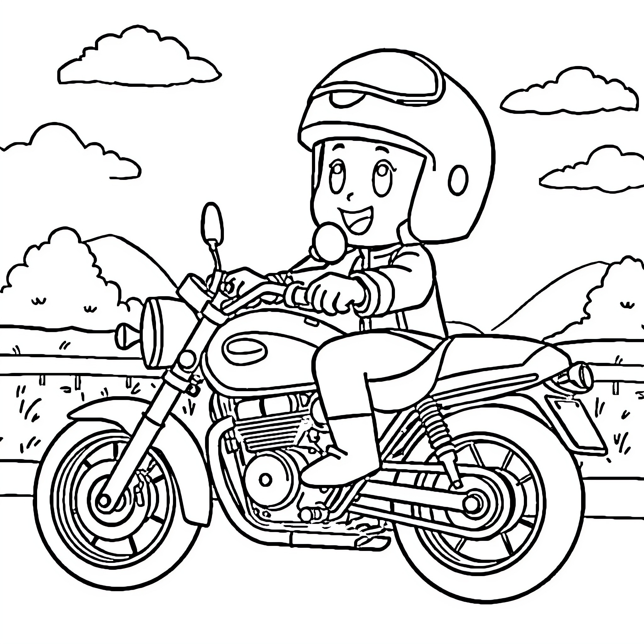 Pocoyo riding a motorcycle happily Coloring Page (free black-and-white line drawing printable PDF for all, from beginners to advanced learners, including children, teens, adults, and seniors)
