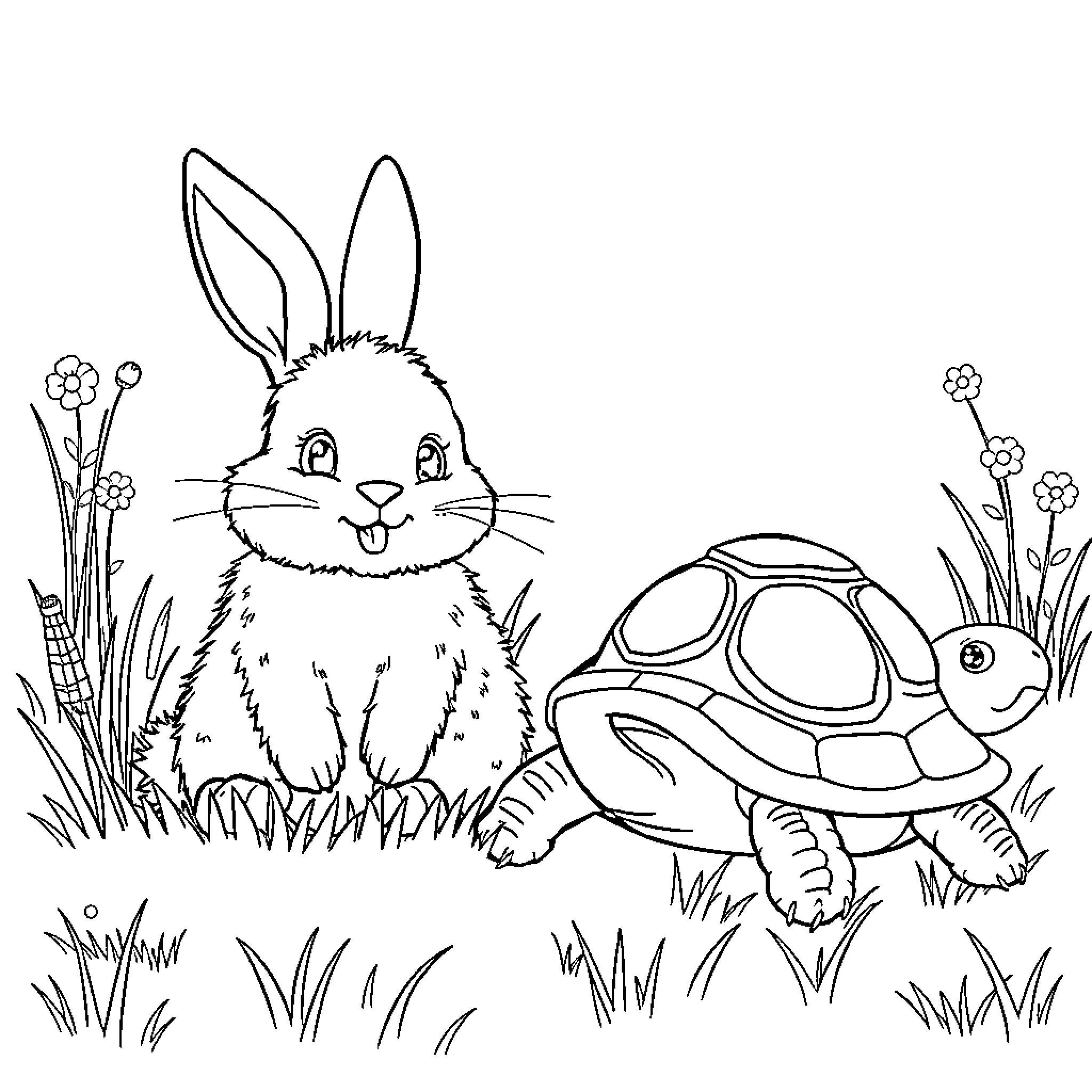 Bunny and Turtle Enjoying Nature Coloring Page (free black-and-white line drawing printable PDF for all, from beginners to advanced learners, including children, teens, adults, and seniors)