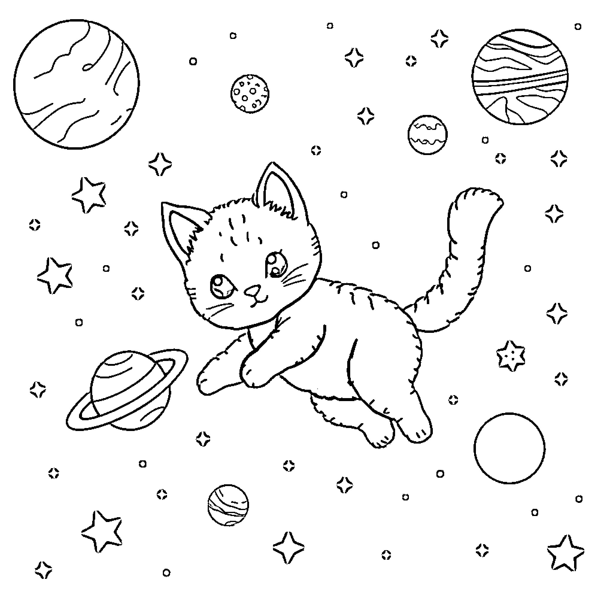 Kitten exploring the cosmos Coloring Page (free black-and-white line drawing printable PDF for all, from beginners to advanced learners, including children, teens, adults, and seniors)